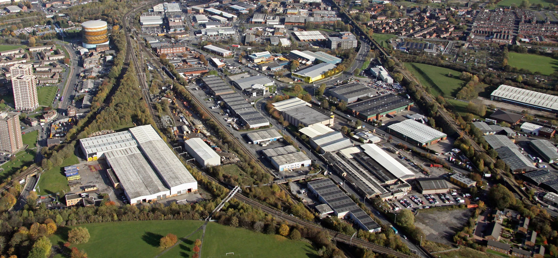 Aerial view over Copley Hill Trading Estate.