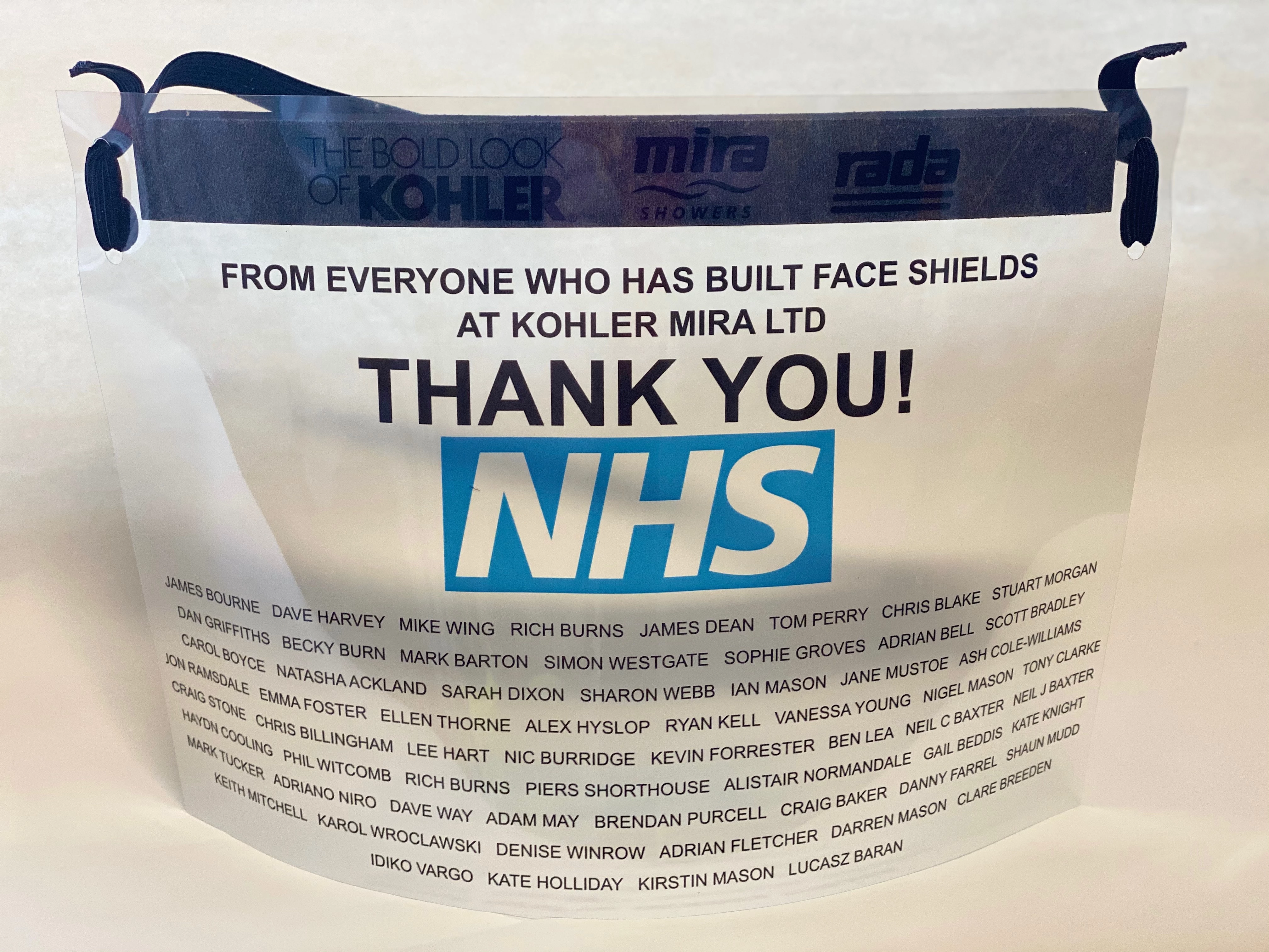 10,000 face shields have been distributed to NHS Gloucestershire, manufactured by KOHLER Mira