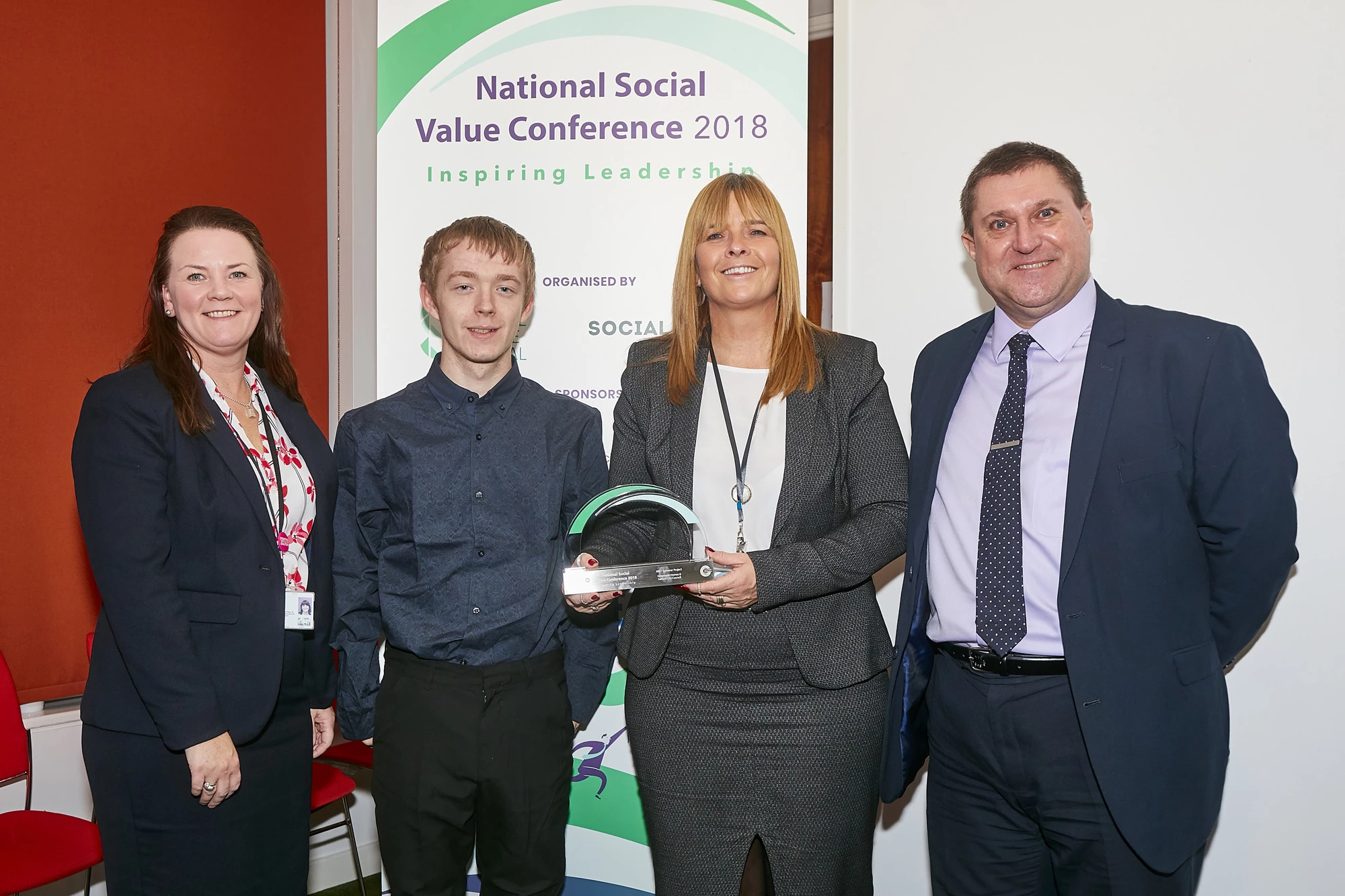 (L-R) Anne Arcus Salford City Council; Kaiden Booth, Buile Hill pupil that attended the courses; Julie Baker, Keepmoat Homes; Darren Knowd, Chairman of the Social Value Taskforce