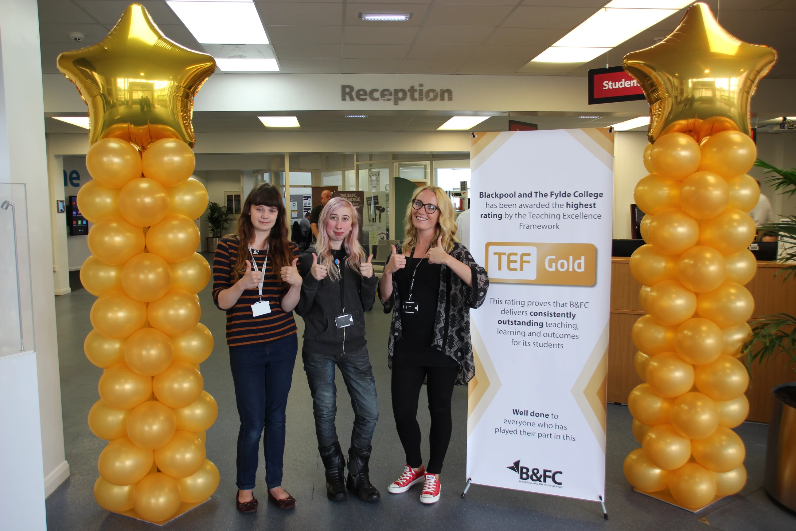 Applied Science HE students (l-r) Charlotte Scott-Parker, 21, from Fleetwood, Nikki Kirkbride, 24, from Blackpool, and Jemma Stevens, 33, from Blackpool, celebrating B&FC’s gold rating from the Teaching Excellence Framework 