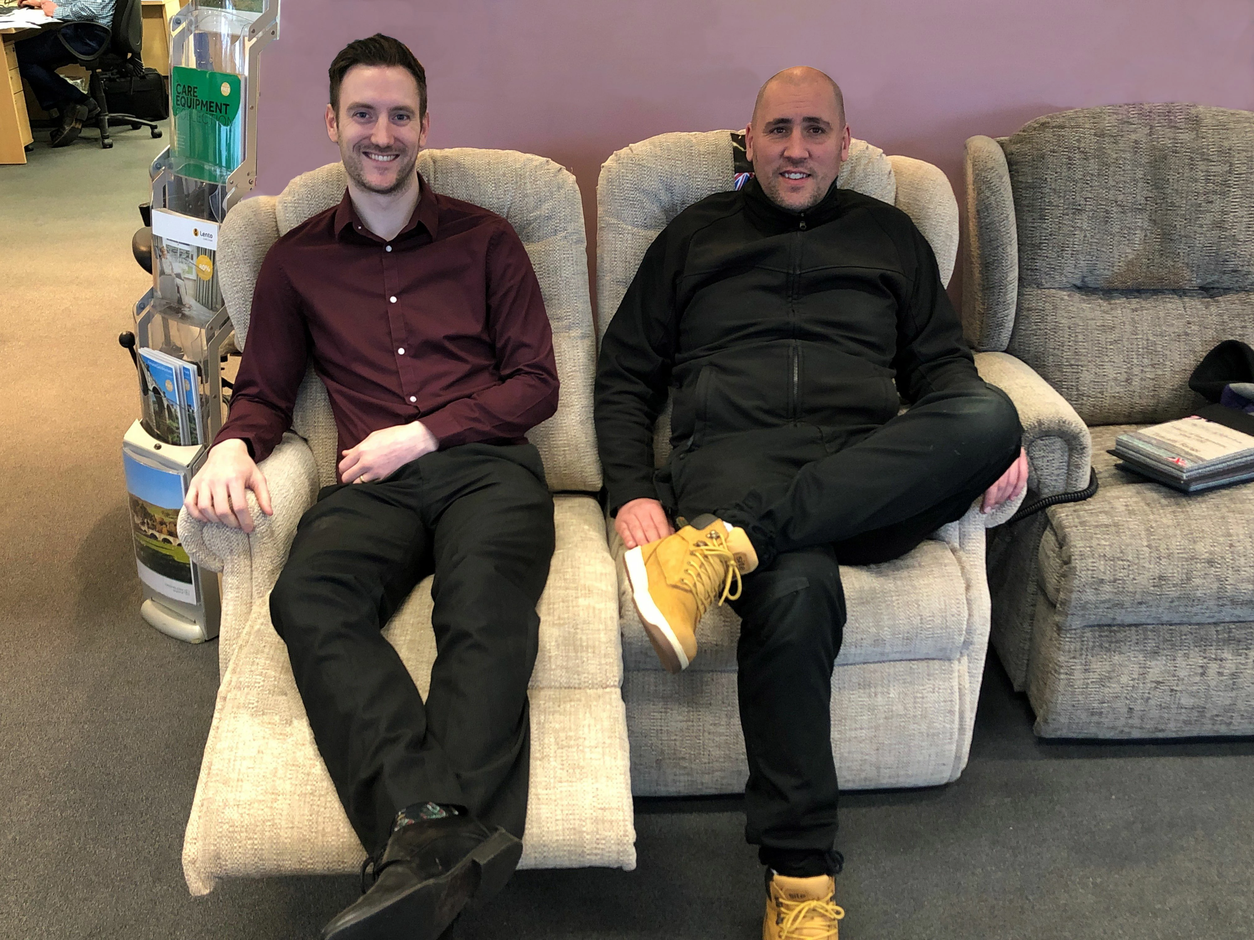 Ben and Miles putting their feet up in the Yorkshire Care showroom.