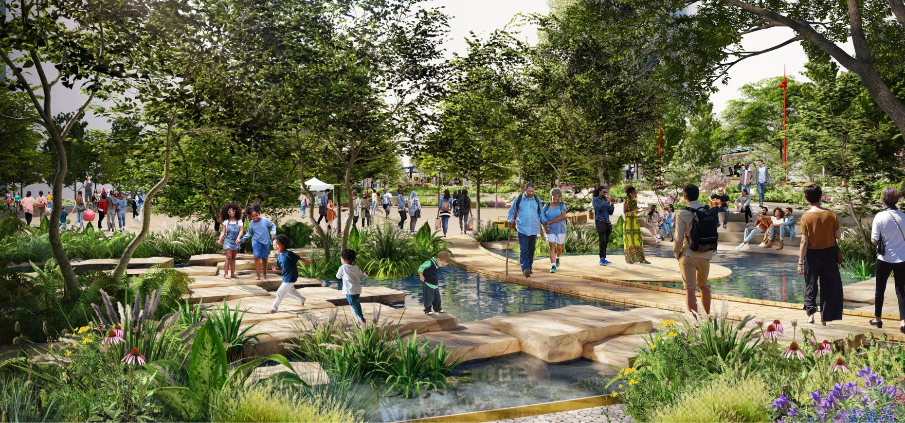 A computer-generated image of the redesigned Smithfield Birmingham water garden.
