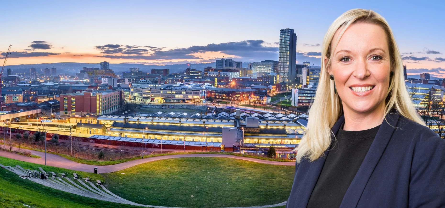 Michelle Leeson, Managing Director of GC Employment, pictured against the Sheffield skyline.