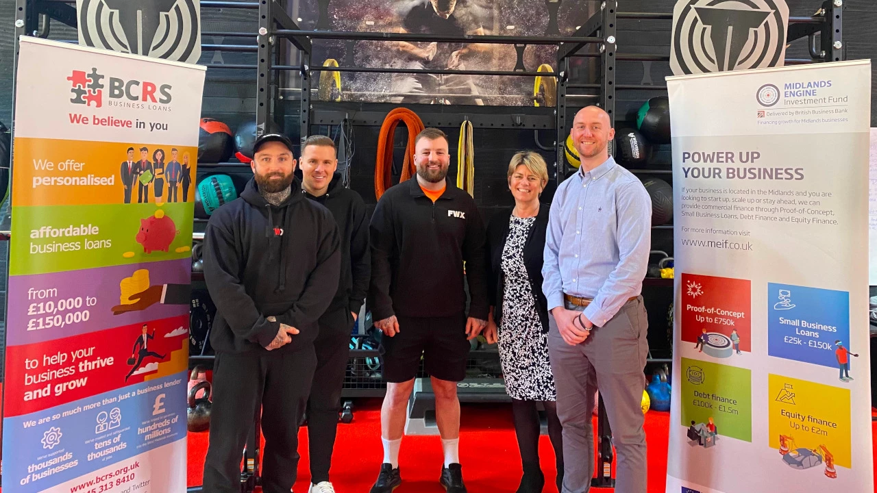 From left, Fitness Worx MD Jack Gibson, colleagues Chris Bryniarski and Matt Gibson, Angie Preece of BCRS and Adam Cooksley of Navigate Commercial Finance 
