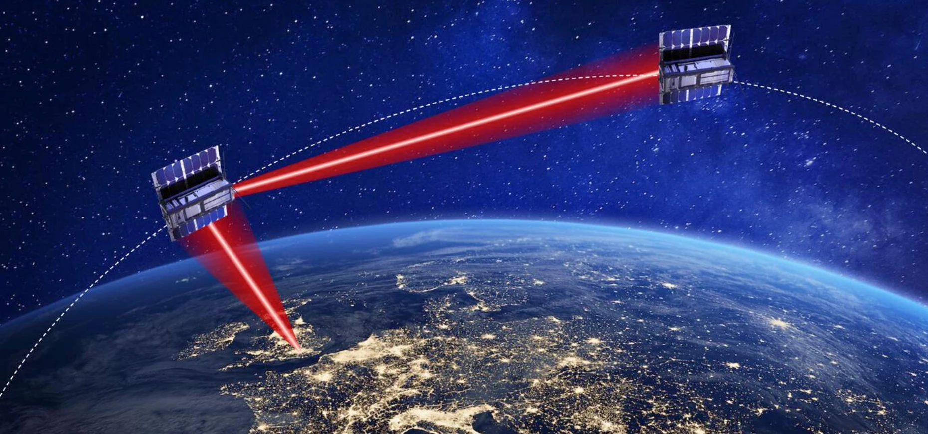 Artist's impression of laser-based communications between CubeSats in space.