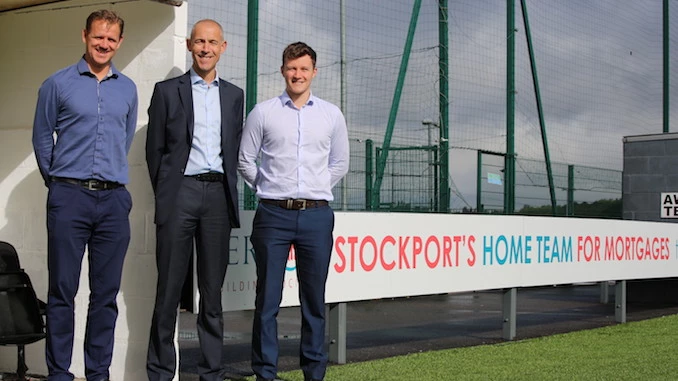 Stockport Town secretary Rob Clare with the Vernon’s marketing team, Ian Keeling and Alexander Deakin