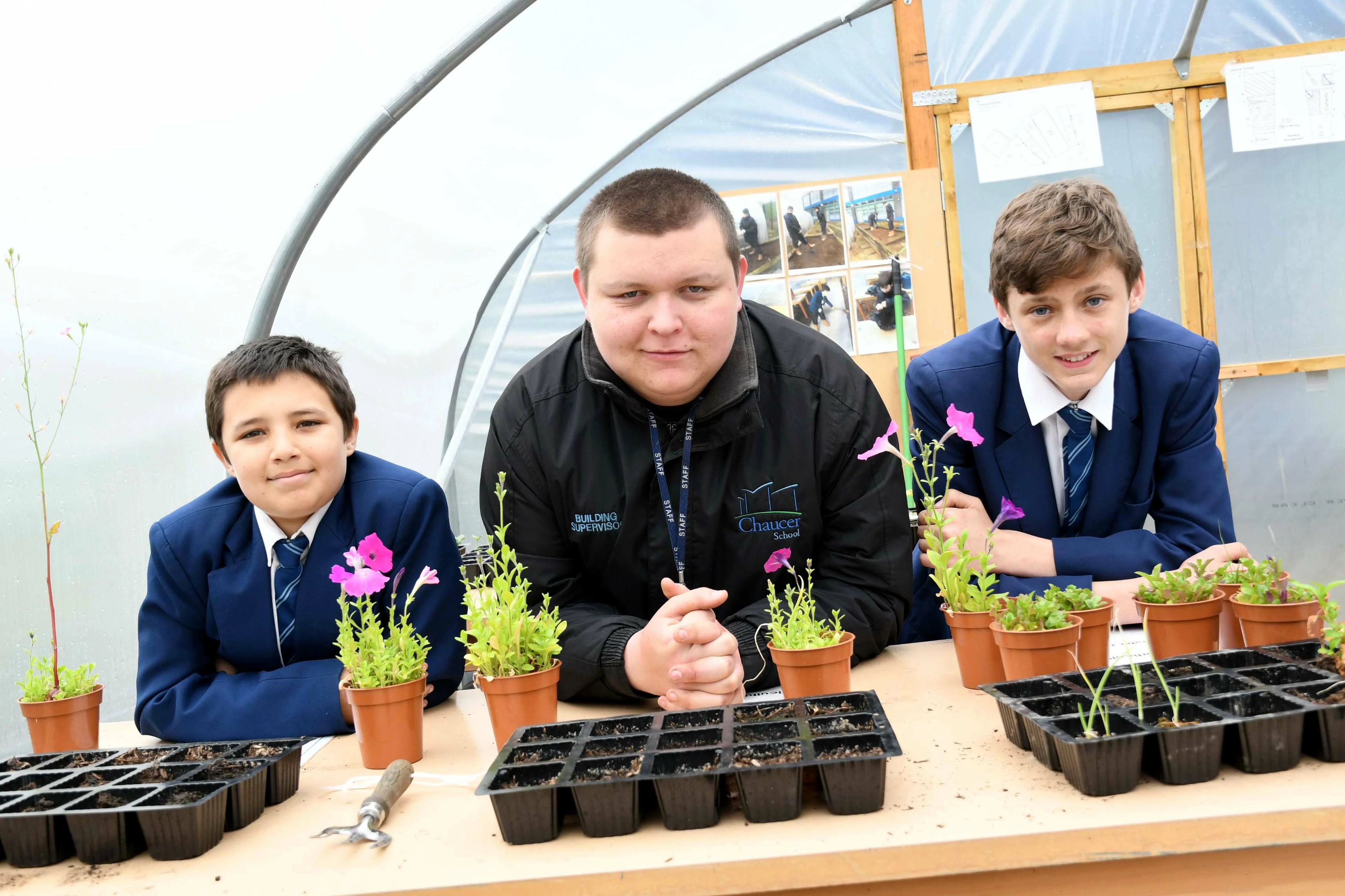 Hadyn Allen (centre), who works with the students on Chaucer School’s horticulture project, with Blaide Pearce (left) and Ciaran Ogden.