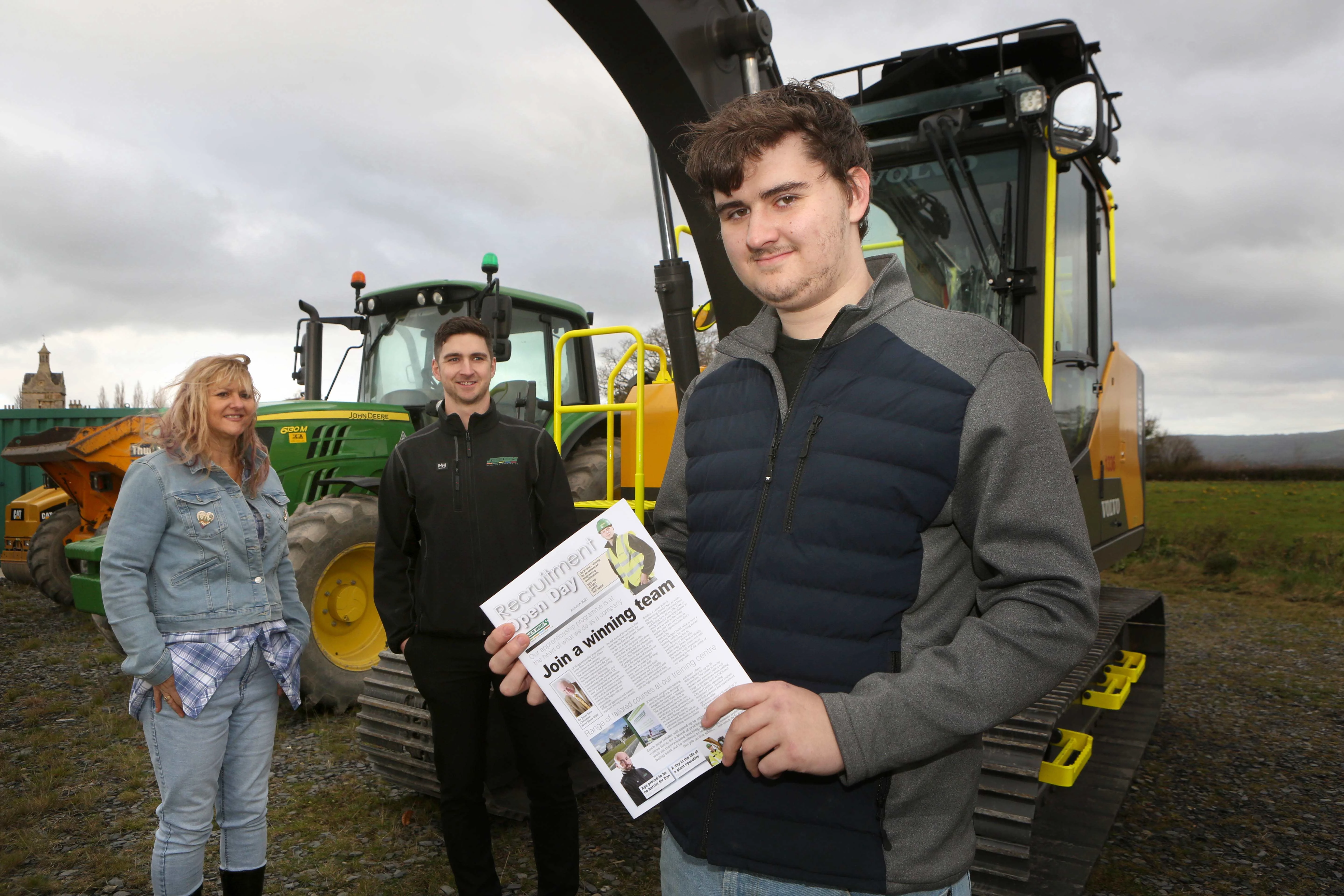 Mother and son Louise and Tristen Duff discuss apprenticeships with Jones Bros Training Manager Garmon Hafal (centre) during the JB Recruitment Open Day at their Denbigh Training Centre 