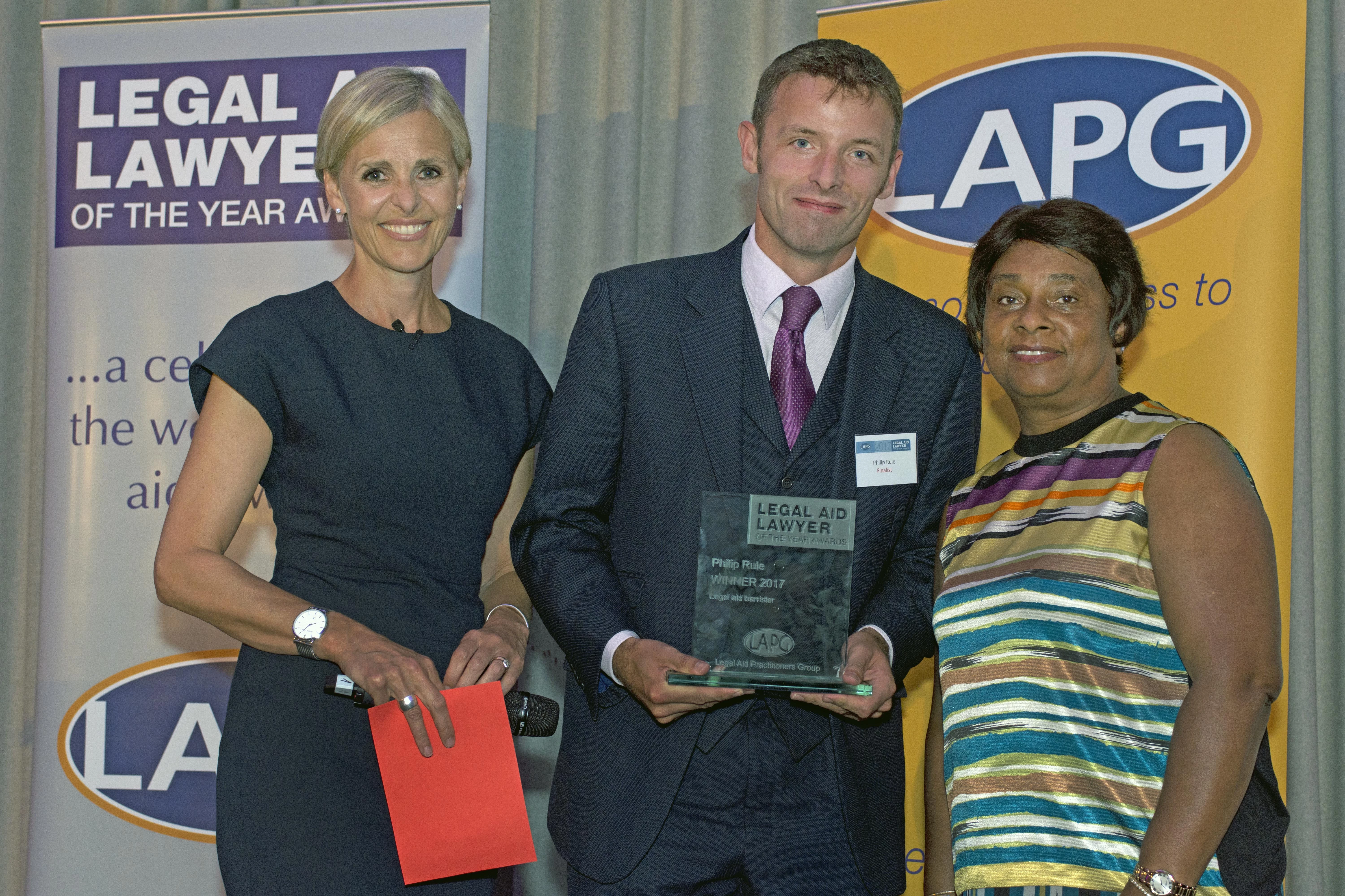Philip Rule of No5 Barristers’ Chambers was named Legal Aid Barrister at the annual Legal Aid Lawyer of the Year Awards and is pictured (centre) with Anna Jones of Sky News (left) and Baroness Doreen Lawrence.