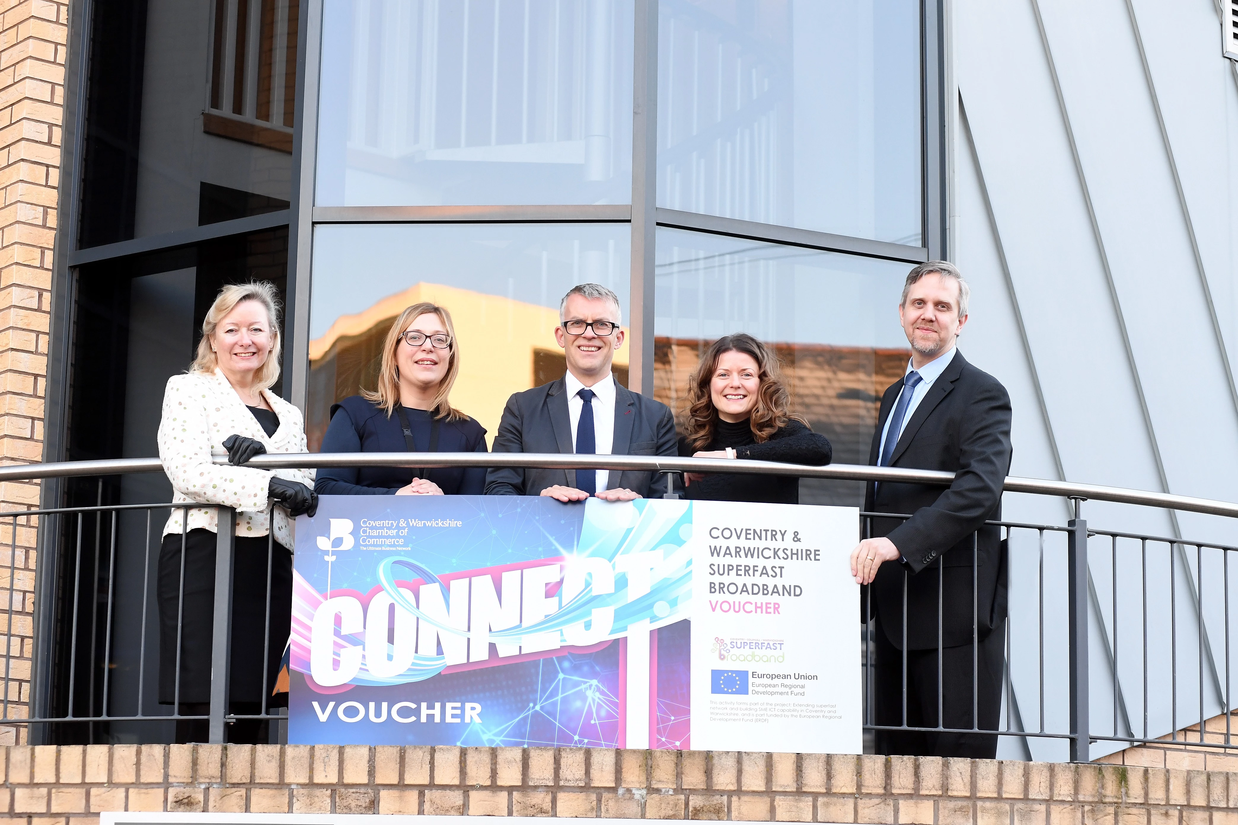 Pictured (left to right): Leigh Hunt (CSW Broadband), Keely Hancox, John Fitzgerald, Gemma Basterfield, Neil Batchelor (all Chamber)