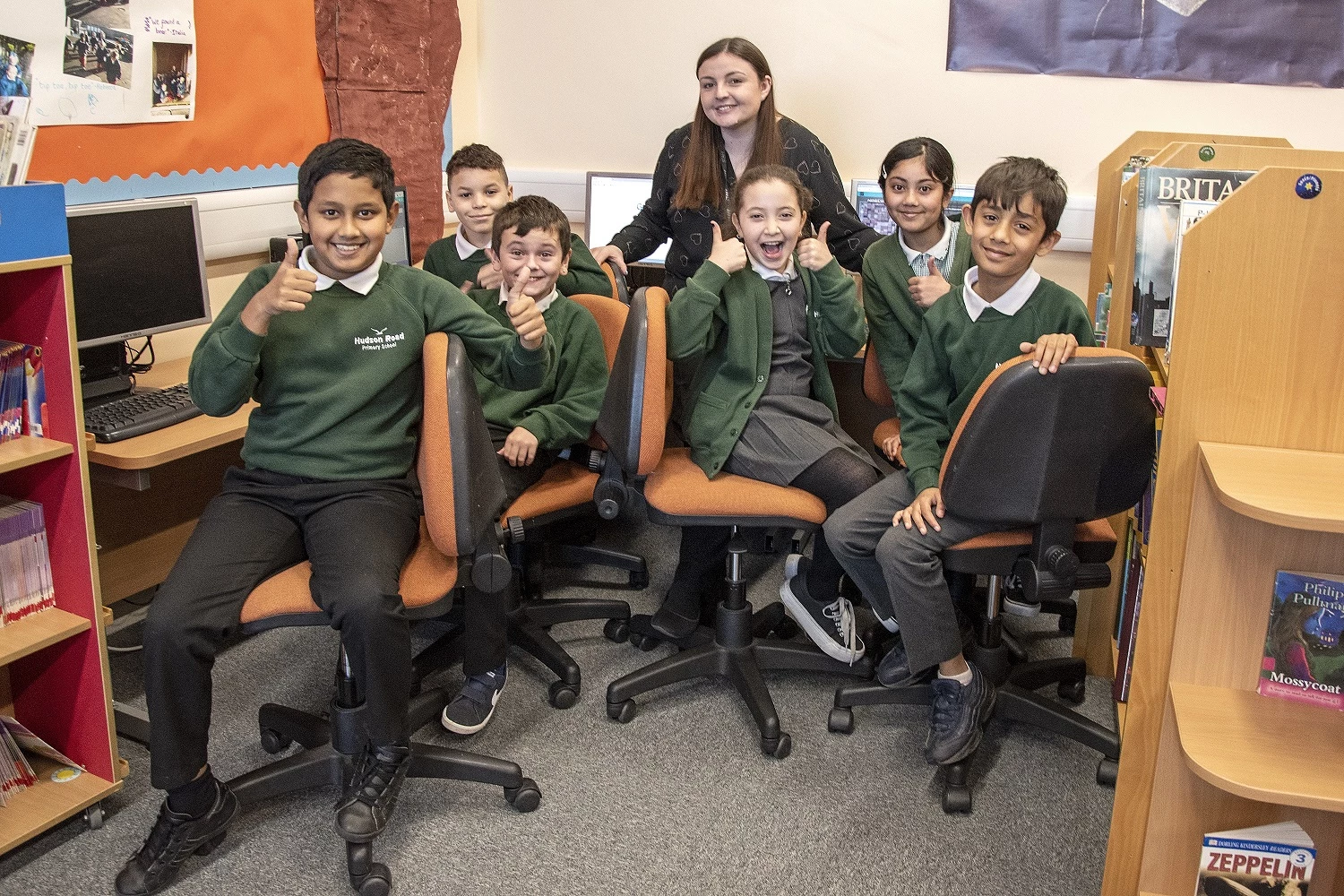 Teacher and pupils using new superfast 5G at Hudson Road Primary School in Sunderland
