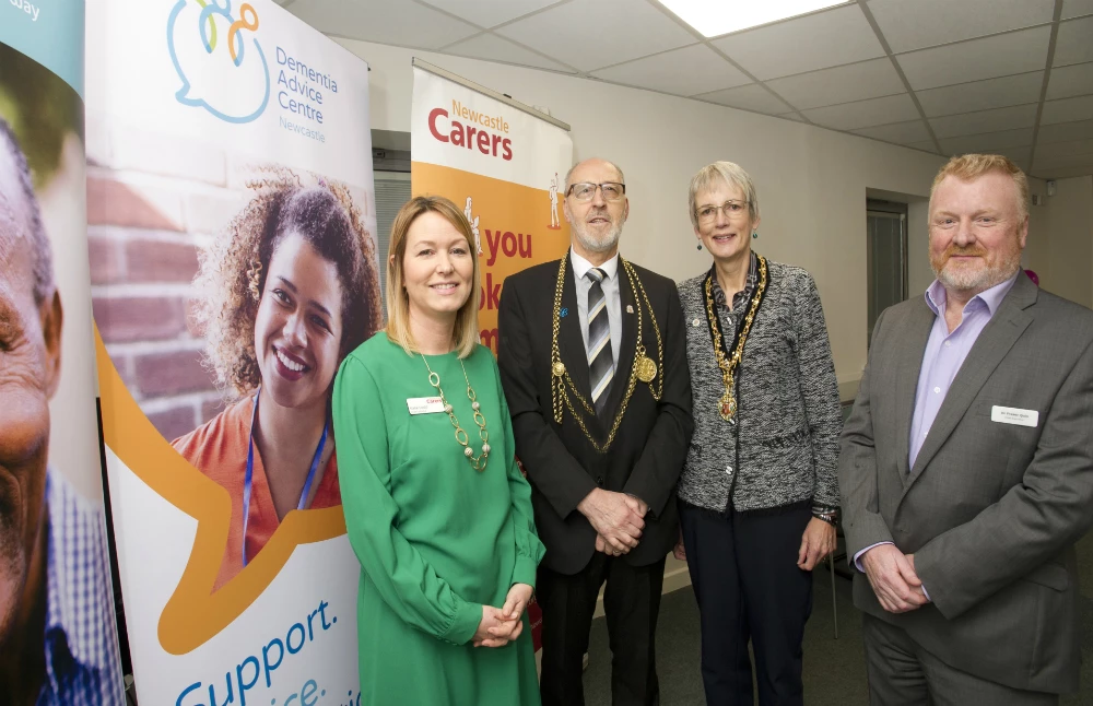 Katie Dodd of Newcastle Carers with Lord Mayor of Newcastle, Coun David Down and Lady Mayoress Margaret Down and Dr Fraser Quin of Dementia Matters.