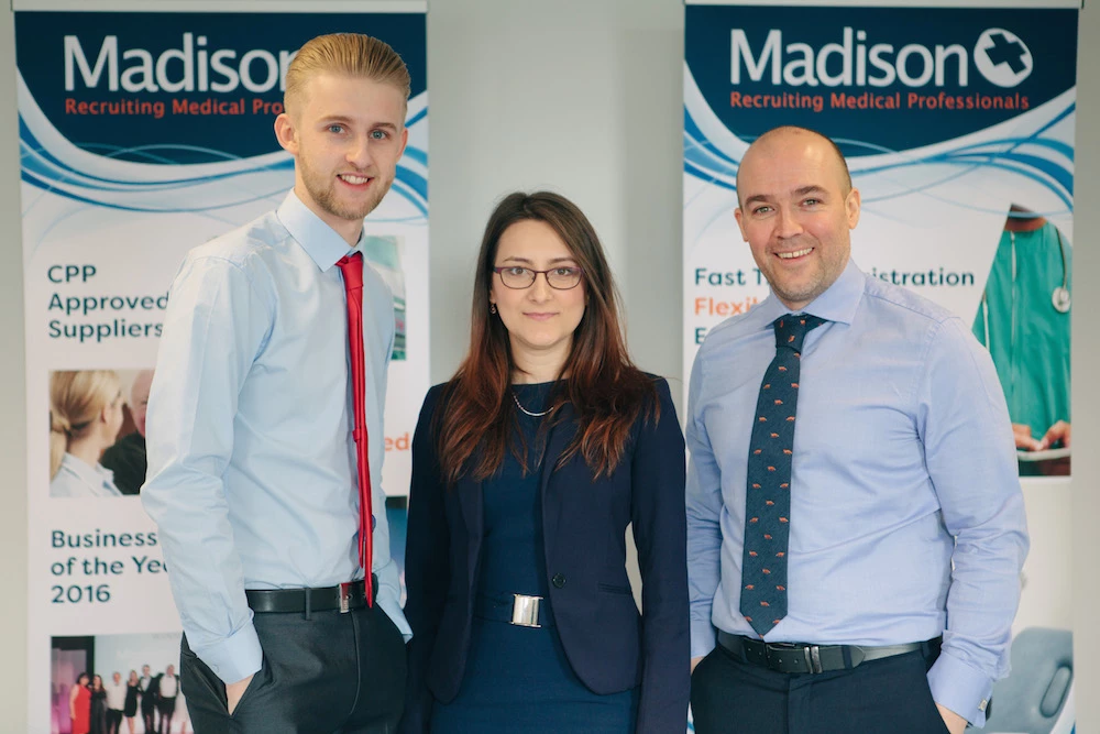 L-R: Recruitment Consultants Tom Fielding and Anca Stroe with managing director Geoff Weatherilt