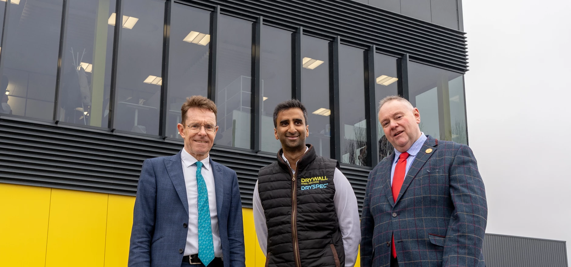 From L-R; Andy Street, Mayor of the West Midlands and Chair of the WMCA; Mayank Gupta, director of DryWall, and Stephen Simkins, Leader of Wolverhampton Council.