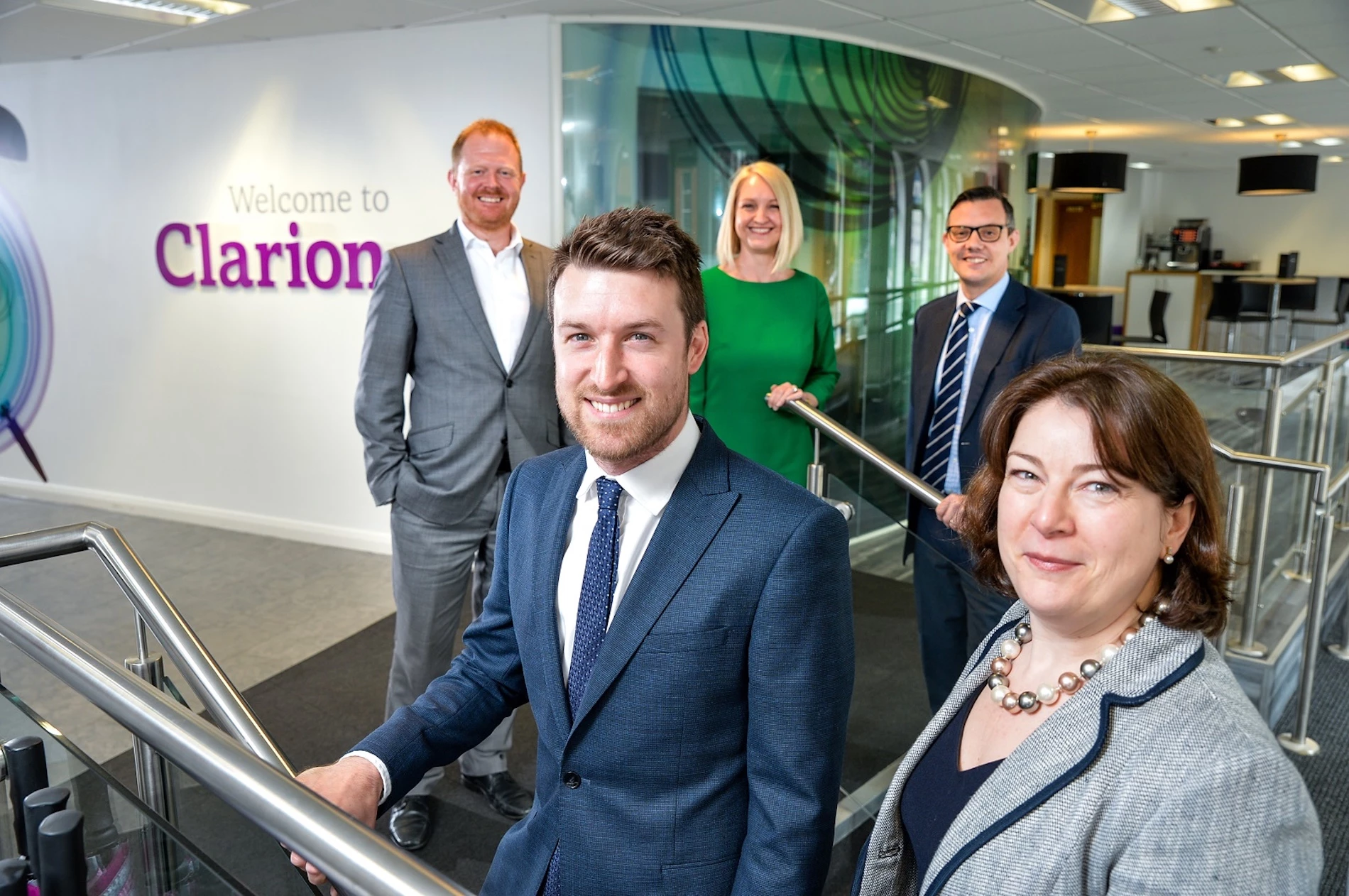 Marcus Watson (front left) and Eve Gregory (front right) with (L to R) Martin Grange, Lindsay Texel and Ben Lamb of Clarion’s property team