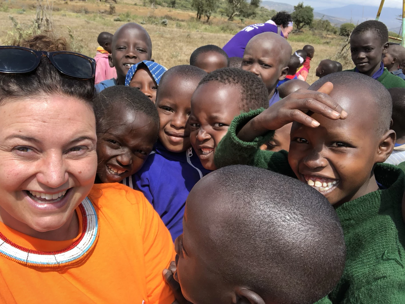 Lucy Kendall and some of the 75 children at Olomayani Nursery in Northern Arusha
