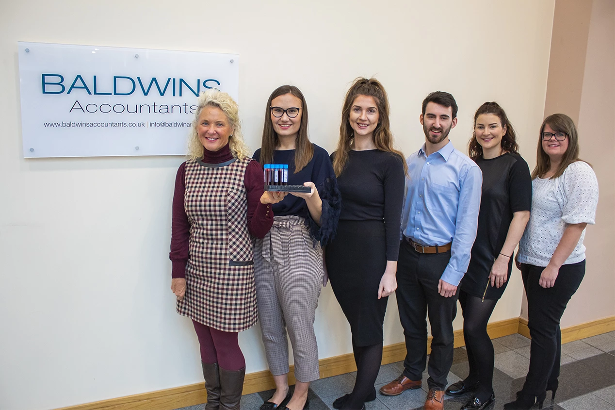 Hart Biologicals’ Phlebotomist Sandra Hull, Baldwins’ Associate Emma Cochrane, Marketing Executive Hannah Burns, Audit & Accounts Senior Ryan Hall, Marketing Manager Anna Shepherd and Accounts Senior Nichola Miles