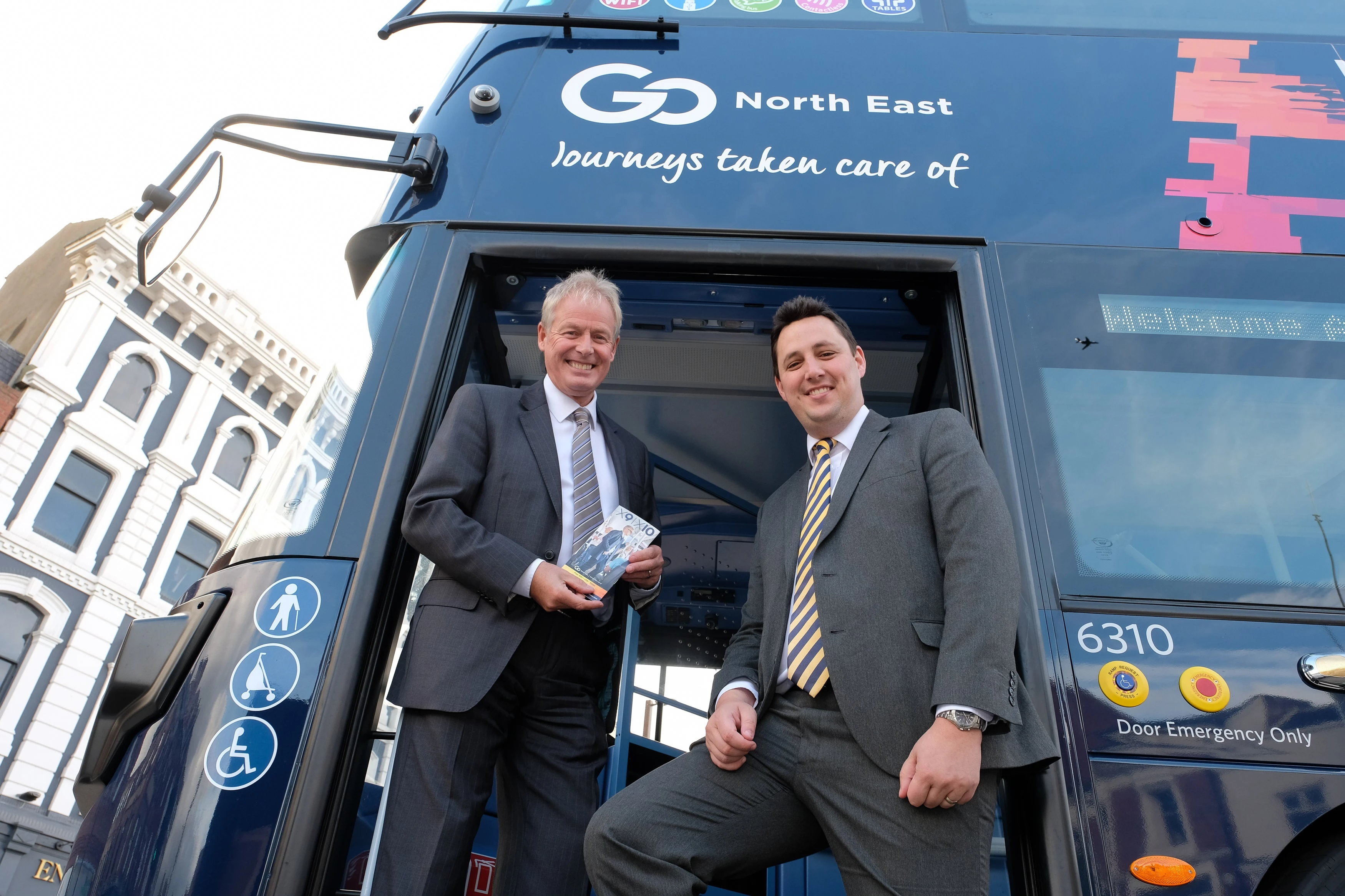 Kevin Carr (left) on board the new X9 X10 bus with Tees Valley Mayor Ben Houchen