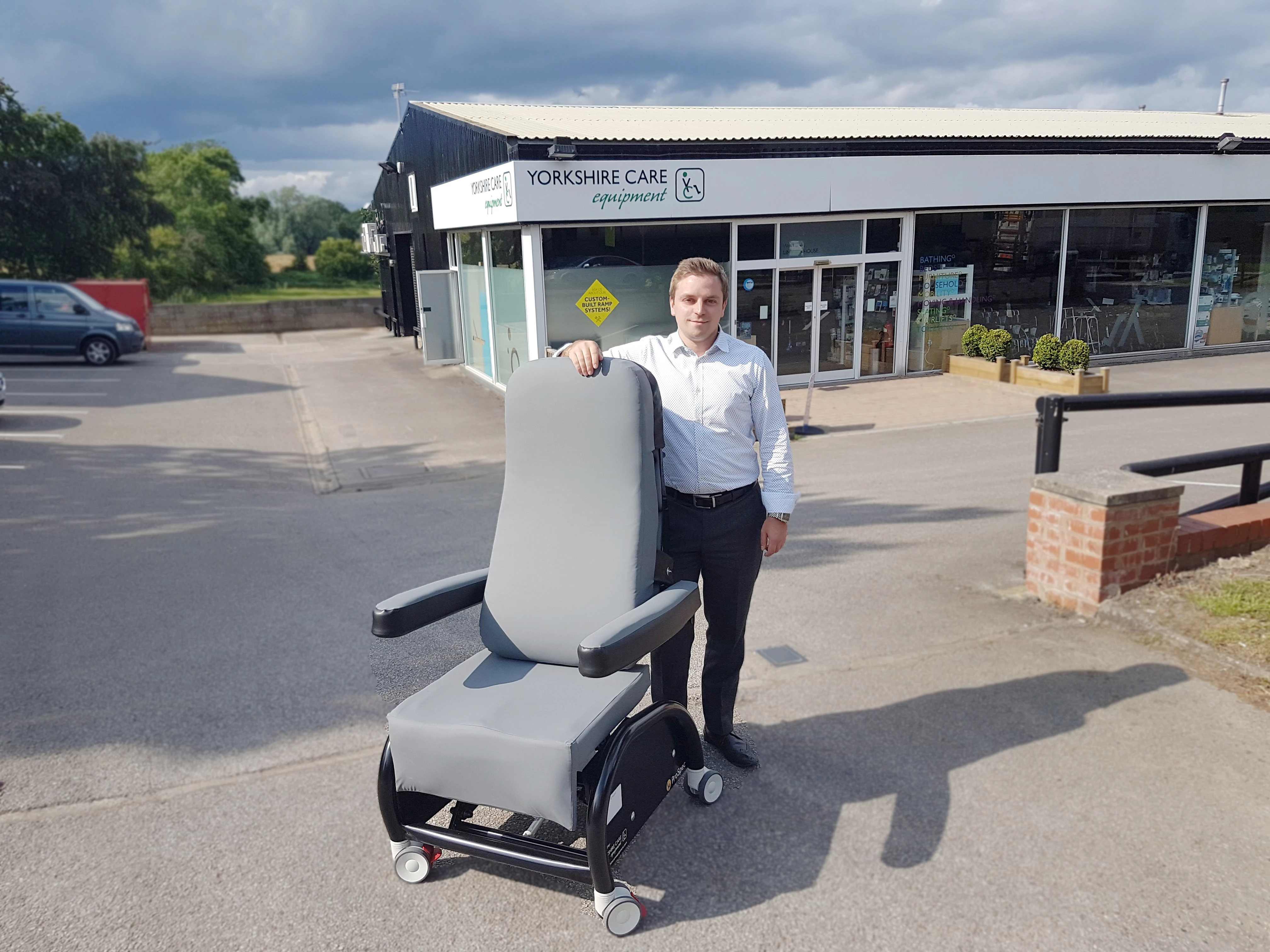 Yorkshire Care's Managing Director Tristan Hulbert with the ProSpec hospital chair