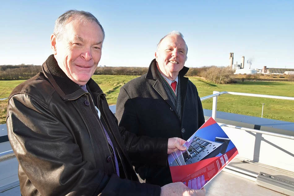 Middlesbrough Mayor Dave Budd (L) and Deputy Mayor Councillor Charlie Rooney view the TAMP site from the roof of TWI’s Offshore Wind Validation Centre