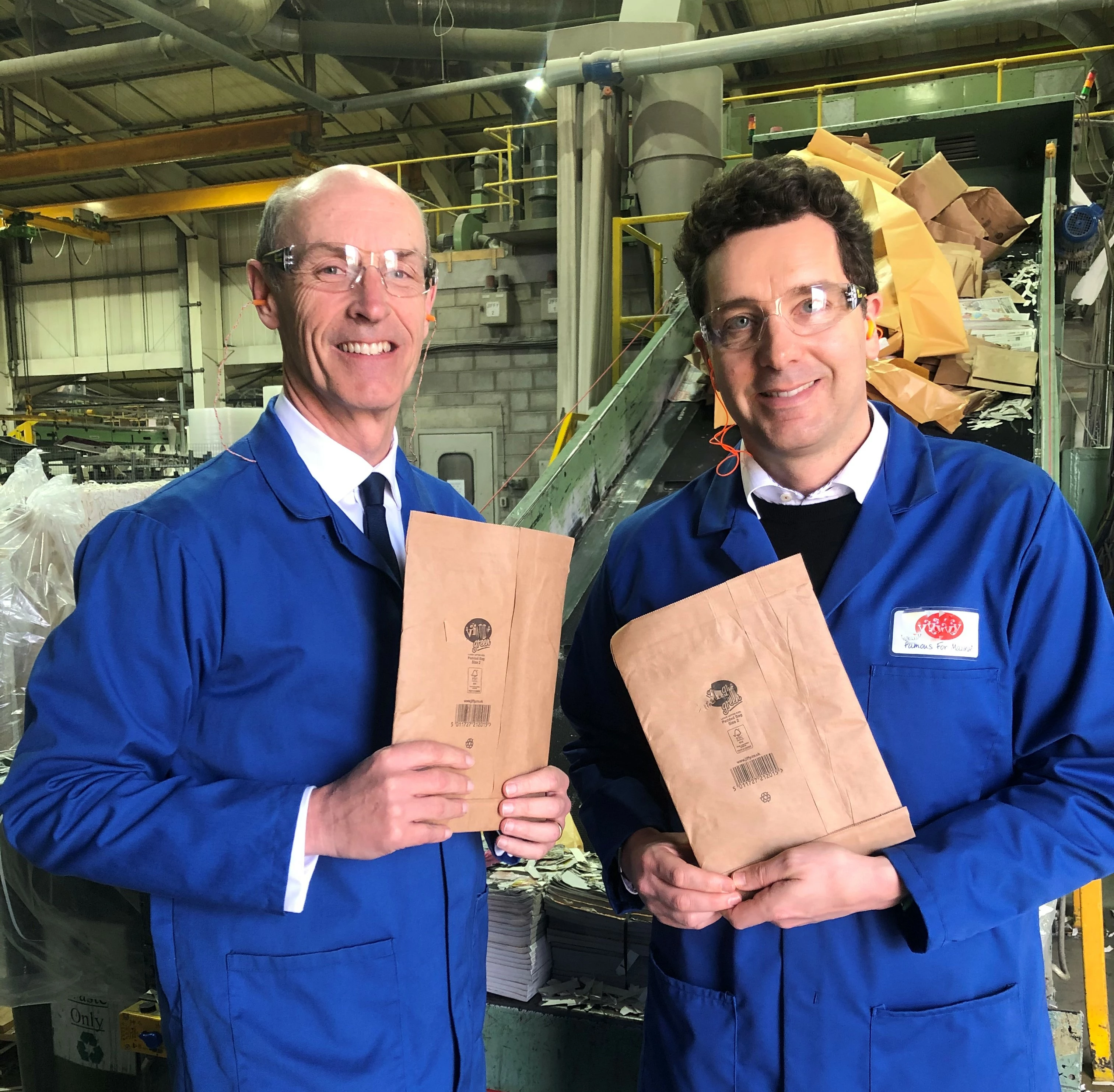 Richard Gregg, managing director of Jiffy Packaging and MP Edward Timpson CBE by one of the company’s recycling facilities.