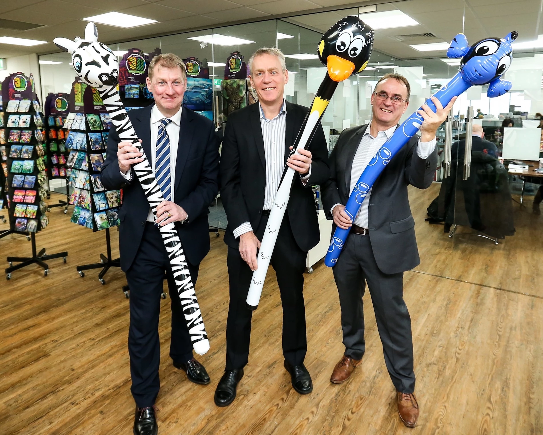 Deluxebase Directors Phil Hudson, centre, and brother Rob, right, with Wykeland Group Property Director David Donkin and some of the company’s Inflatimals range.