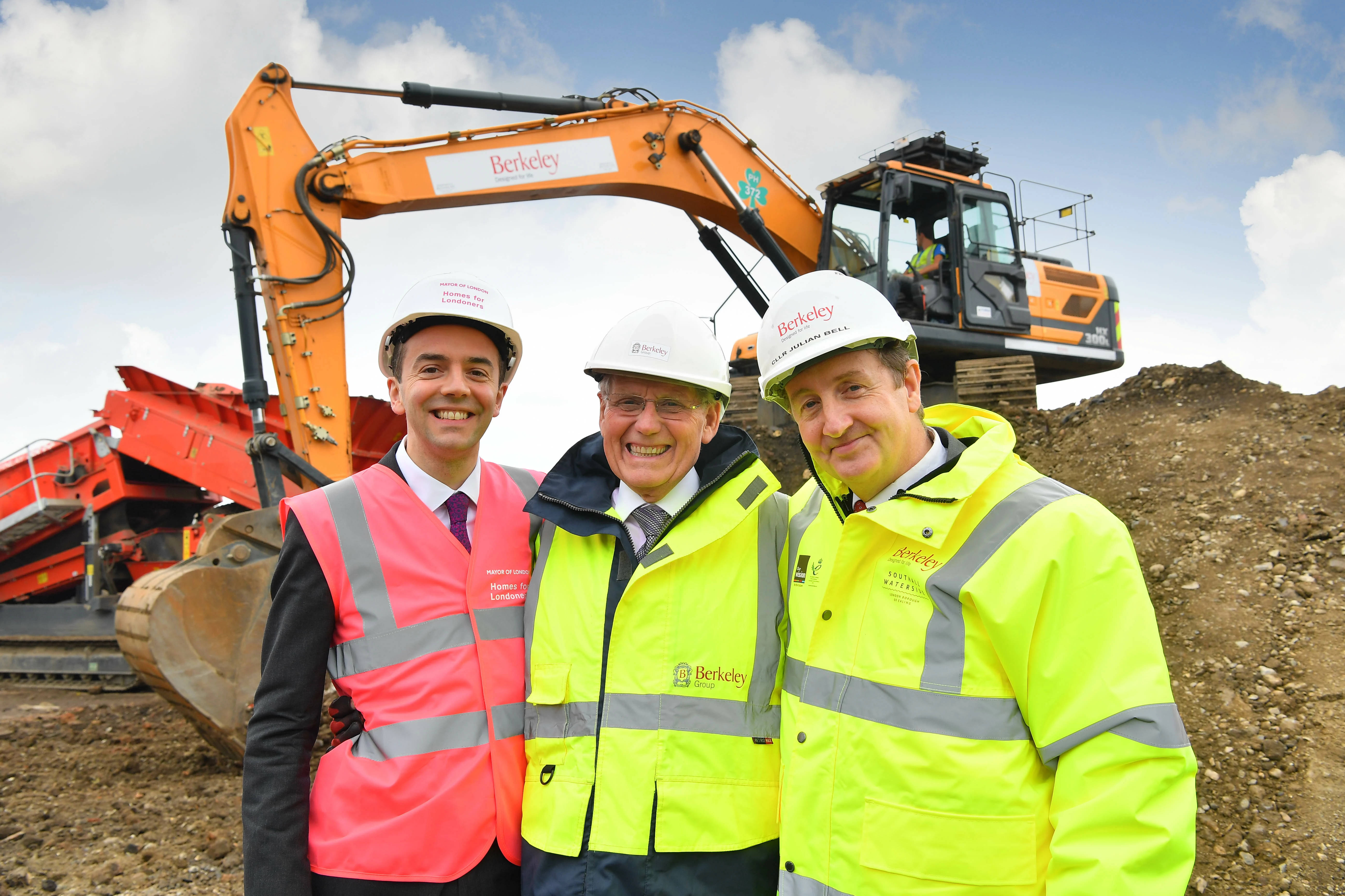 James Murray, Tony Pidgley and Julian Bell at the Southall Waterside site.