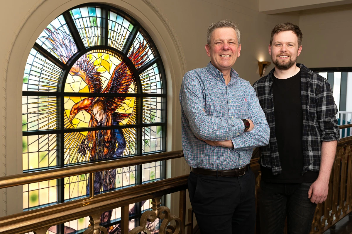 1.	The Memorial Window with Rob Pritchard, Operations Director and George Pritchard, Technical Specialist, Scenariio Intelligent Infrastructures.