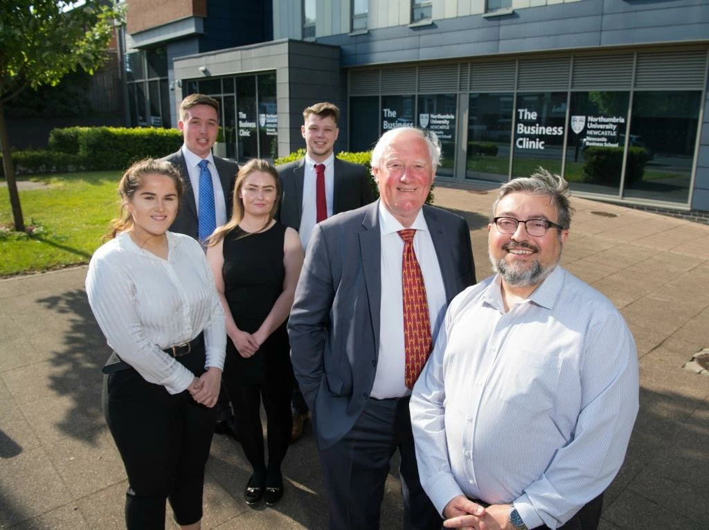 Ignition Consulting with their client NIBE (L to R) business students Kara McMahon, Henry Dodds, Elizabeth Park and Fraser Robinson with Kevan Carrick, NIBE Chair and Ron Beadle, Professor of Organisation and Business Ethics at Northumbria University.