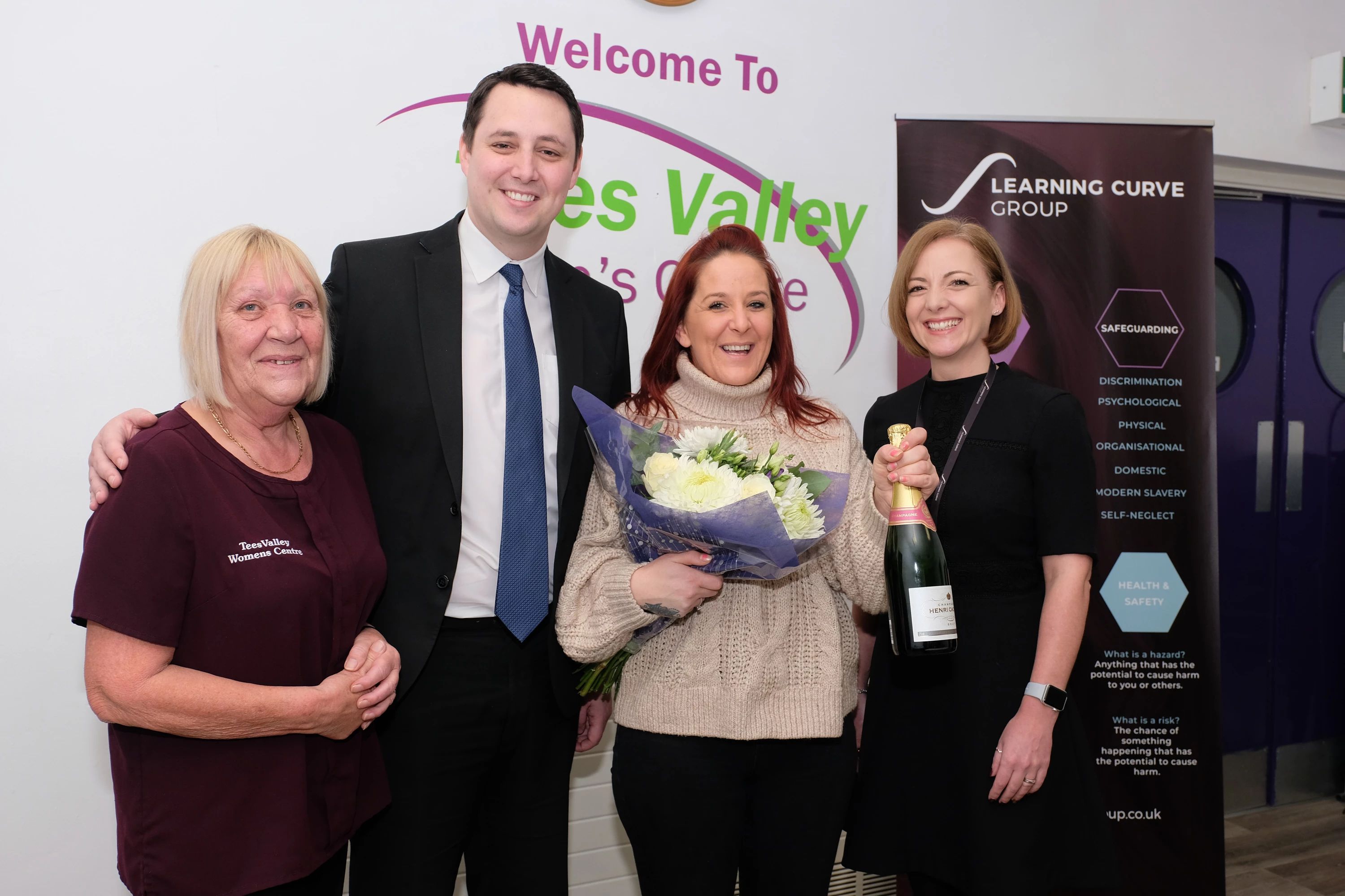 Mayor of Tees Valley Ben Houchen with Kathy Lloyd TVWC, Jodie the 1000th learner and Nicole Bewley Director of Skills celebrating how far Jodie has come.