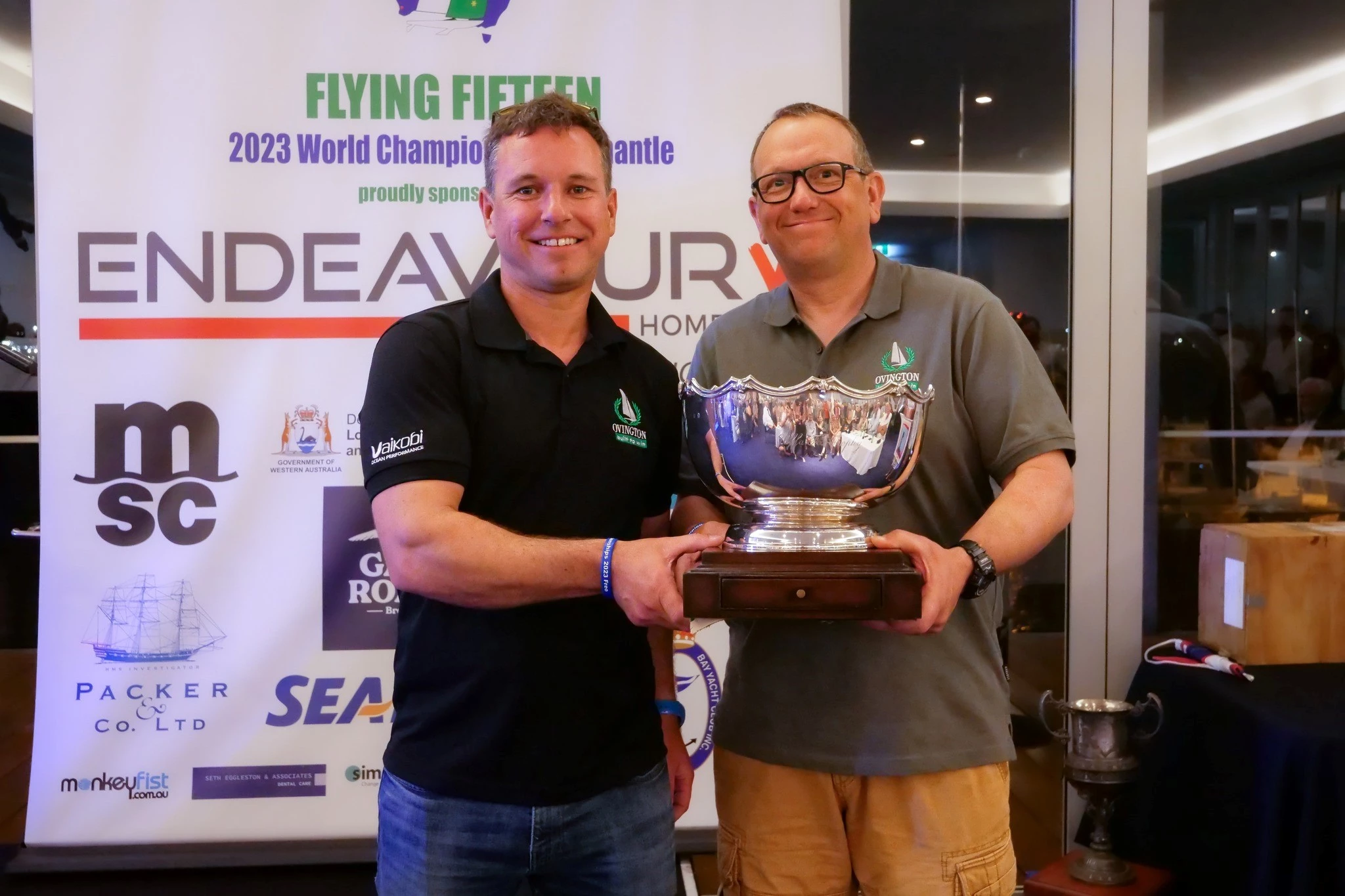 L-R Graham Vials with sailing partner Chris Turner holding The Flying Fifteen World Championship trophy