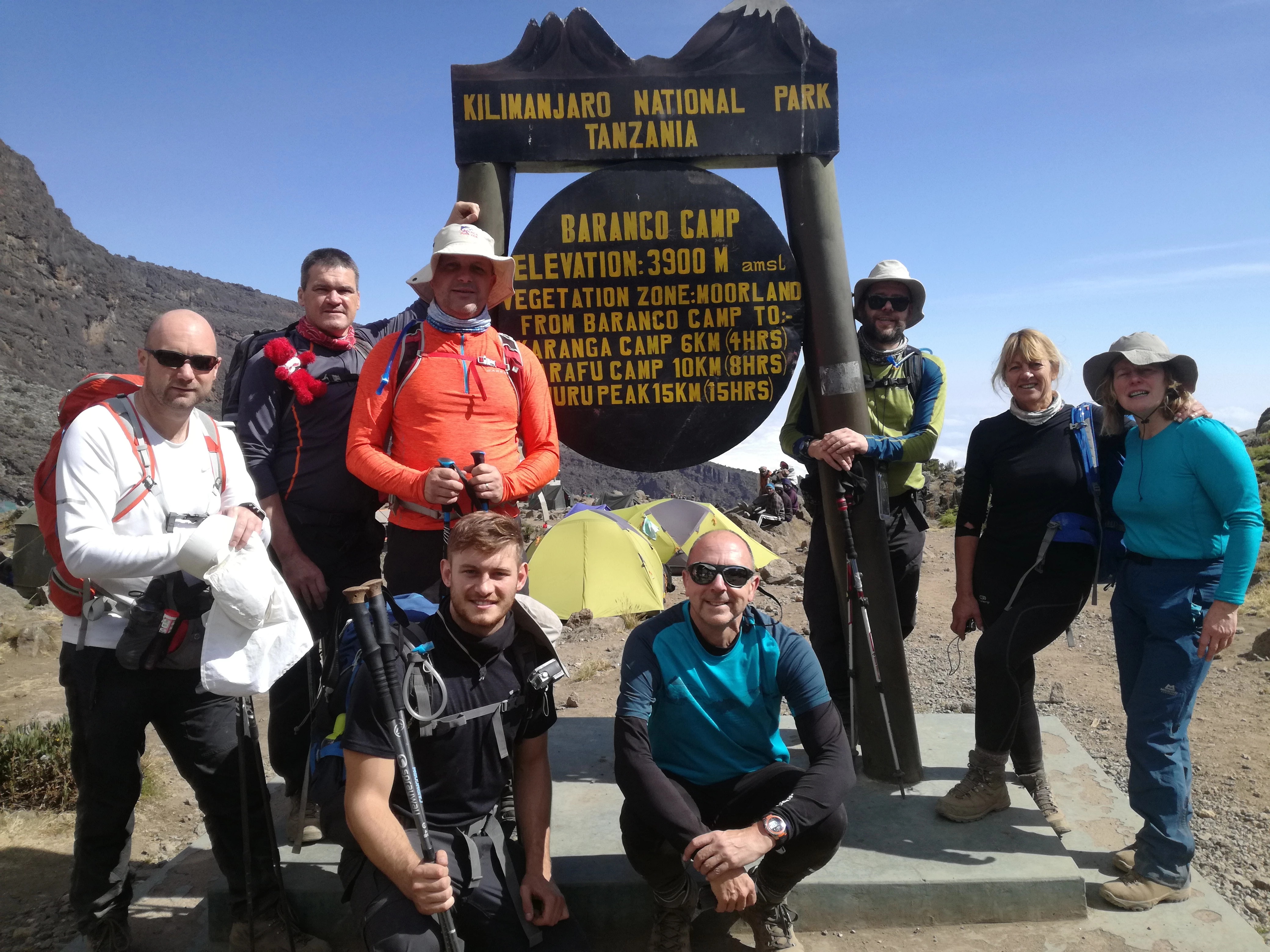 Team Seddon at Mount Kilimanjaro (l-r) back: Tony Valentine, Alan Whiting, Steve Cullen and Sam Peet; front: Derek Walsh, Glyn Thompson, Michelle Webster and Vanessa Barlow