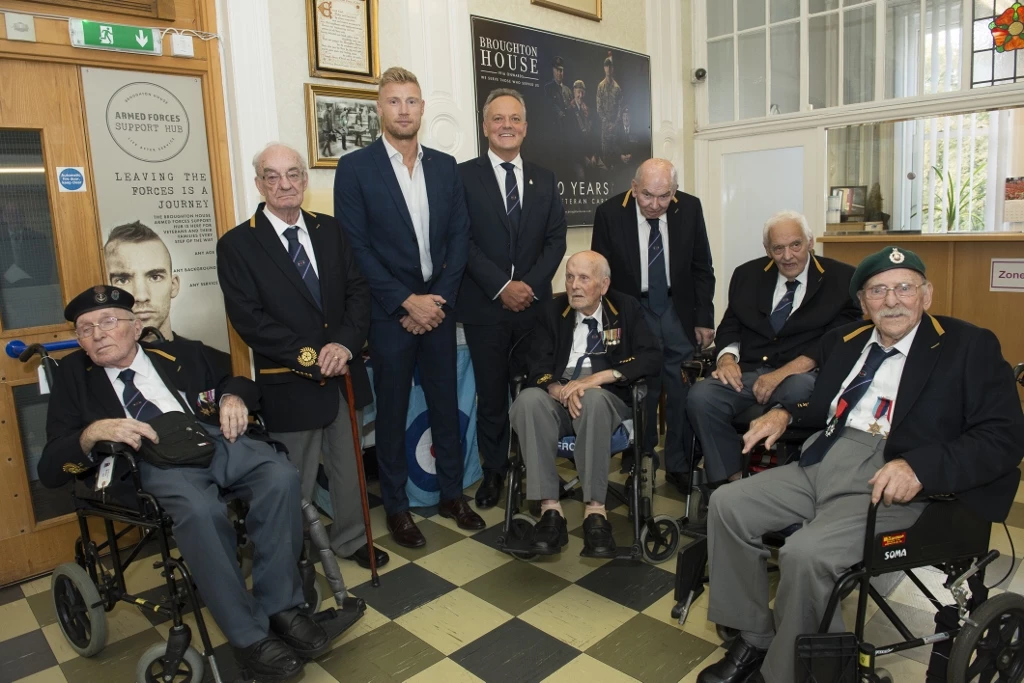 3.	Broughton House veterans in their new blazers with Freddie Flintoff and Chris Lindsay. 