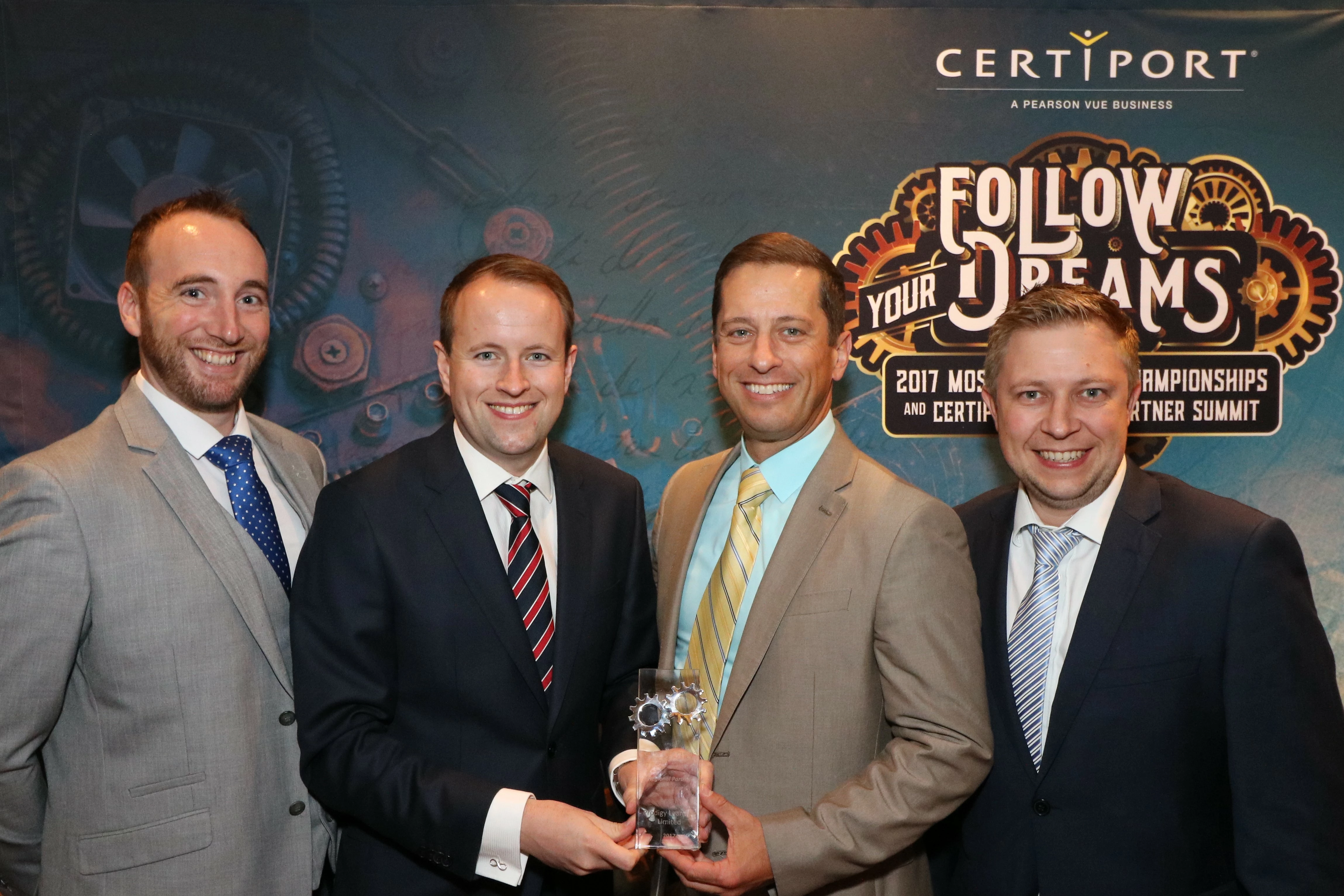 Pictured at the award presentation in Los Angeles are Billy Breen, Country Manager – Ireland, Prodigy Learning, Andrew Flood, CEO, Prodigy Learning, Aaron Osmond, General Manager, Certiport and Andrew Griggs, Country Manager – UK, Prodigy Learning.