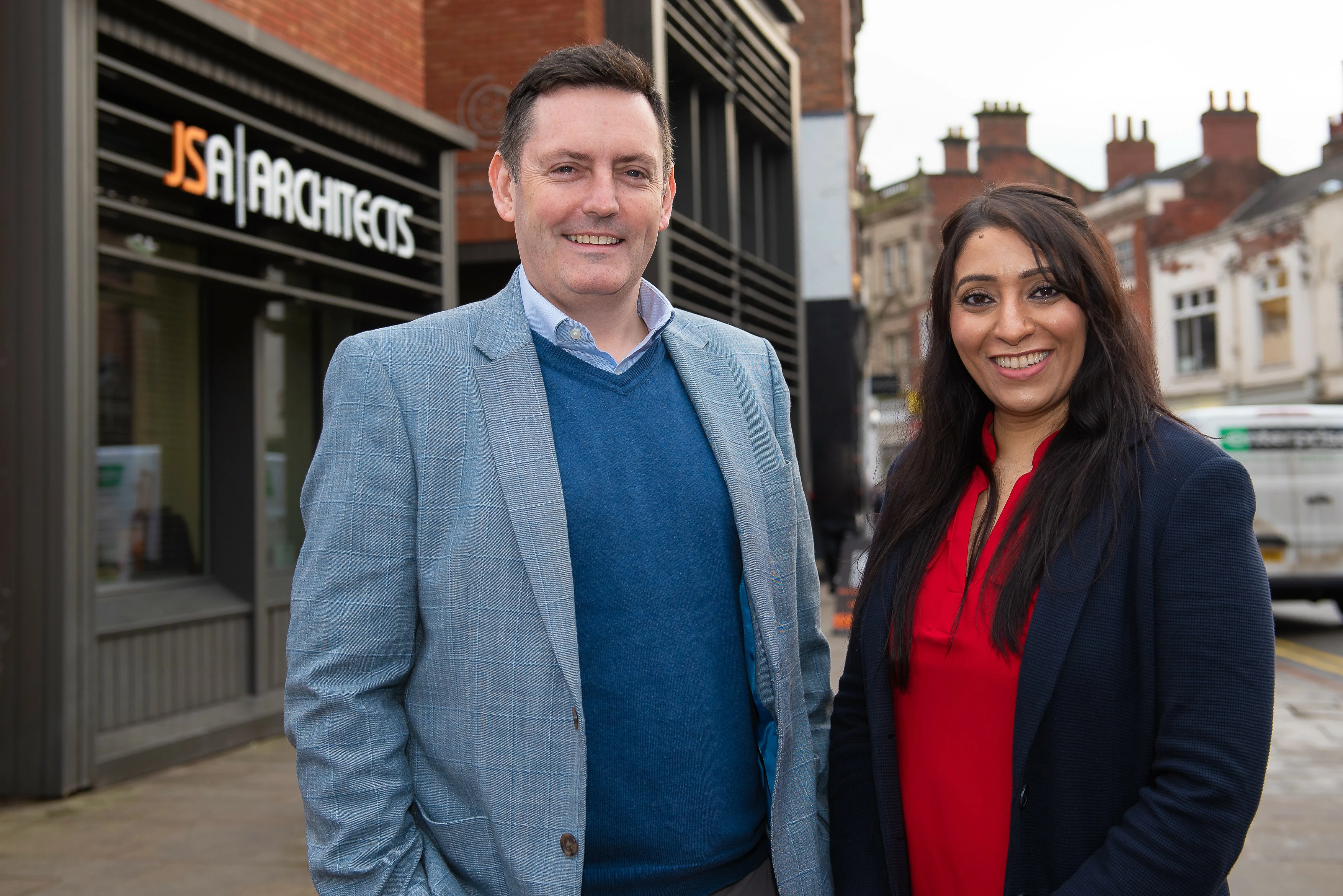 Justin Smith and Ann Bhatti, head of Connect Derby, outside the new JSA headquarters at Connect Derby’s Sadler Bridge Studios