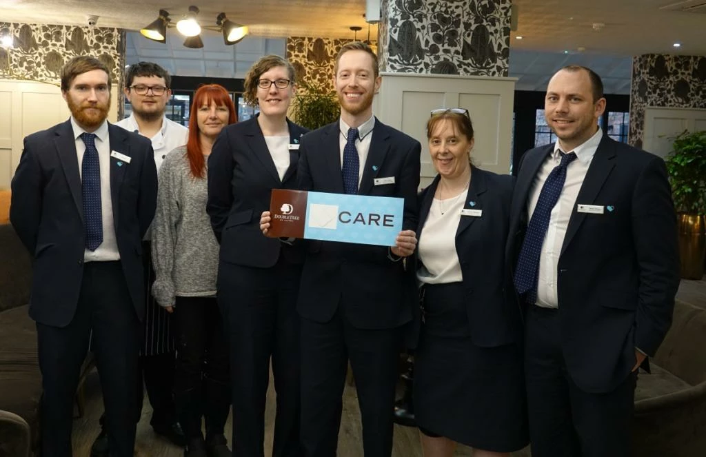Pictured from left are DoubleTree By Hilton CARE Committee members Robert Whittaker, David Frere, Tina Trown, Vice President Ellie Pettit, President Gary Auker, Debbie Wharton and Istvan Nemes