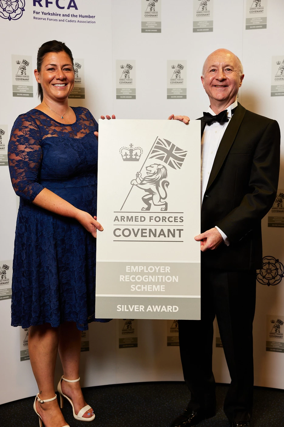 Sarah Roberts, Reed Boardall group financial director, and chief executive Marcus Boardall, receiving the MOD Silver award