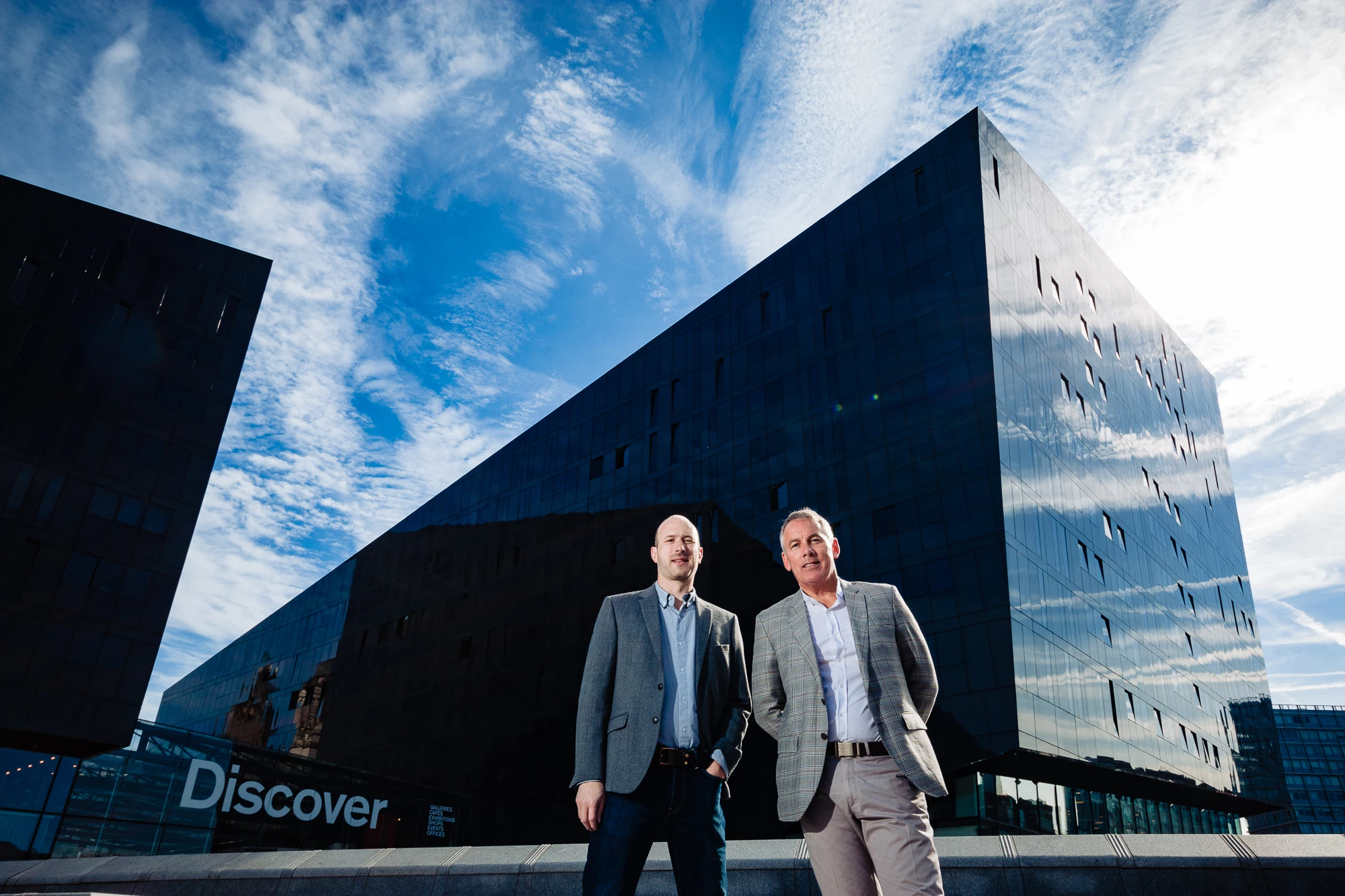 Ben Patterson and Paul Murphy outside RIBA North, the RIBA's national architecture centre on Liverpool's World Heritage Waterfront. It opened in June 2017, Intecho provided full lighting controls throughout.