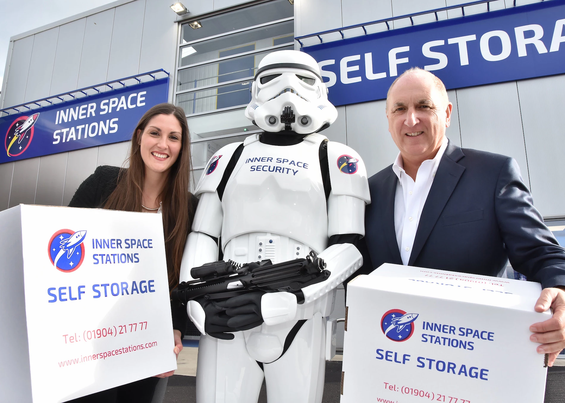 Katie Elliott, Business Development Manager, and Graham Kennedy MBE, Founder, outside the brand new self-storage facility on Layerthorpe, York.
