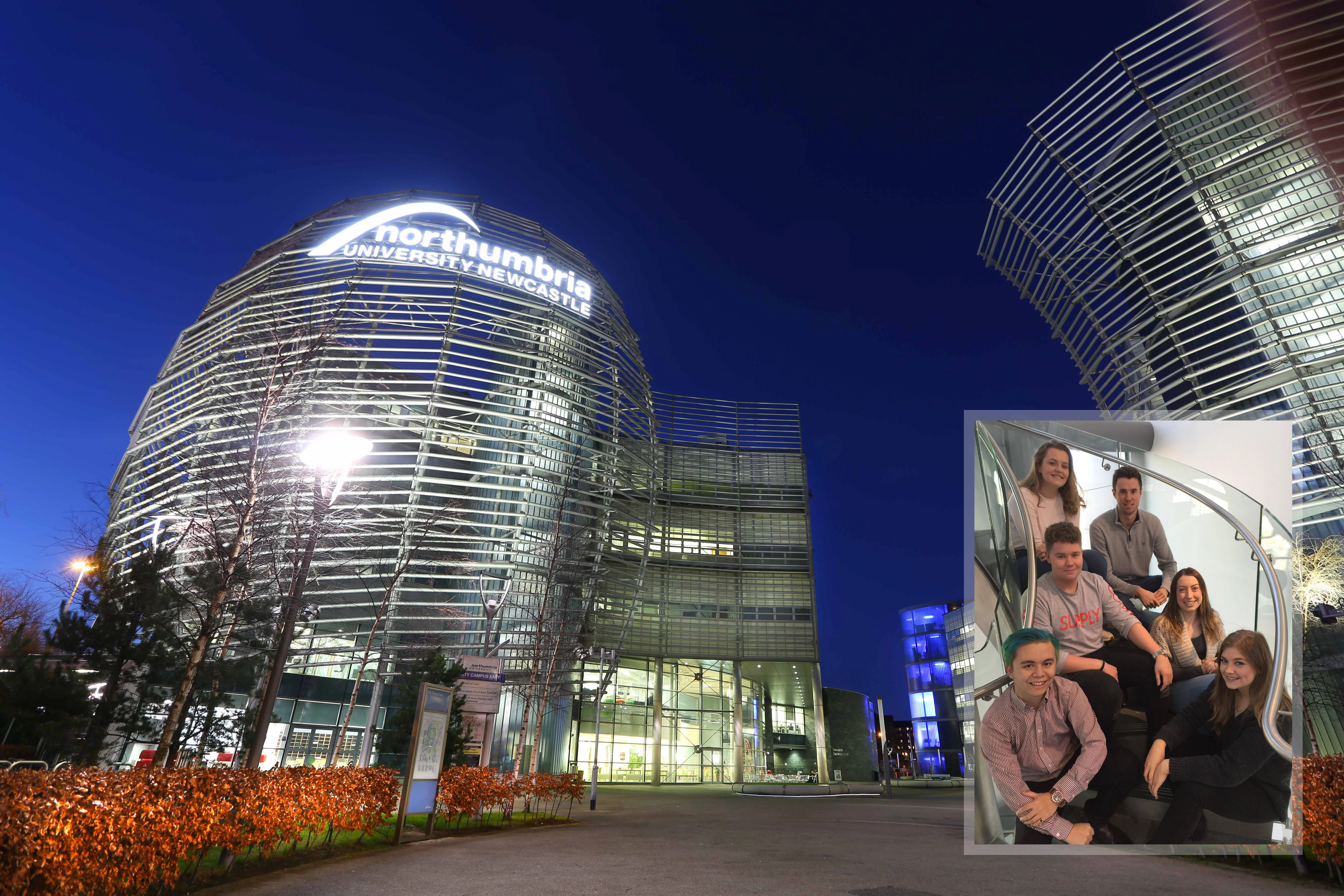Newcastle Business School and successful students (inset): Front L-R - John Nichols and Lydia Willis. Mid row L-R - Alex Colby and Samantha Bright. Back L-R - Georgie Smith and Sam McDermid