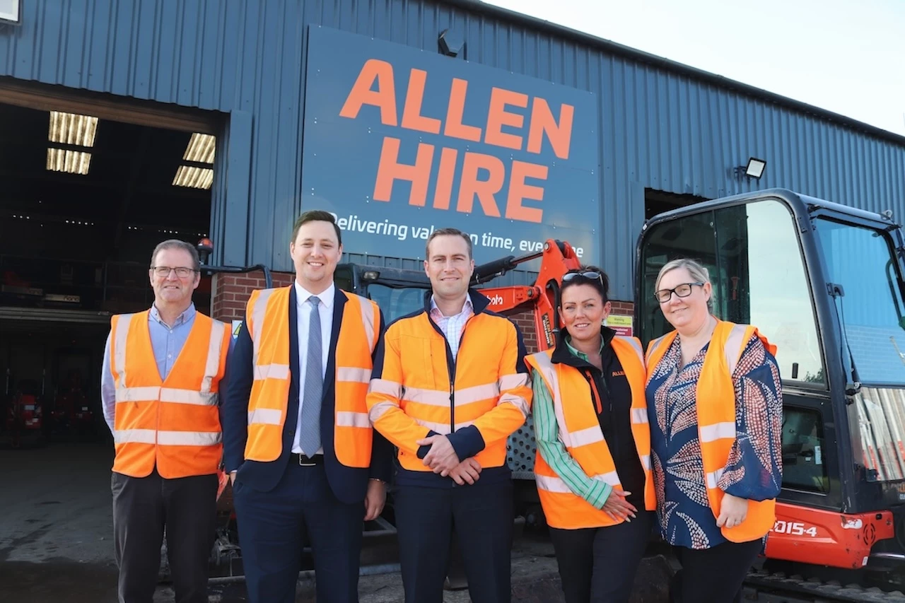 L to R - Tony Murray, Depot Manager, Allen Hire; Ben Houchen; Gerry Carruth, MD Allen Hire; Louise Charloton, Business Development Manager, Allen Hire; Victoria Brownless, Account Manager, Allen Hire