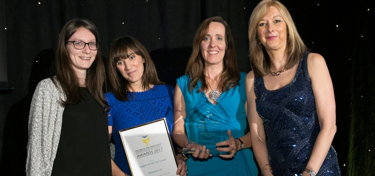 Pictured (l-r) celebrating success are Vernacare's Cecile Coullet, Nichola Briody and Jane Kent, with Dr Liz Mear, CEO of the Innovation Agency