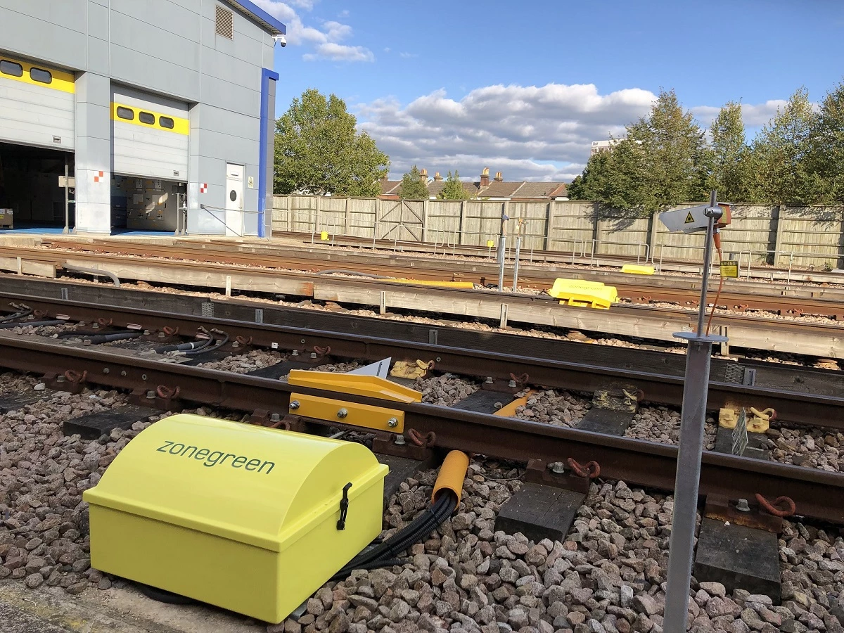 Zonegreen's new powered derailer and laser fitted to tracks outside Siemens' Northam depot in Southampton. 