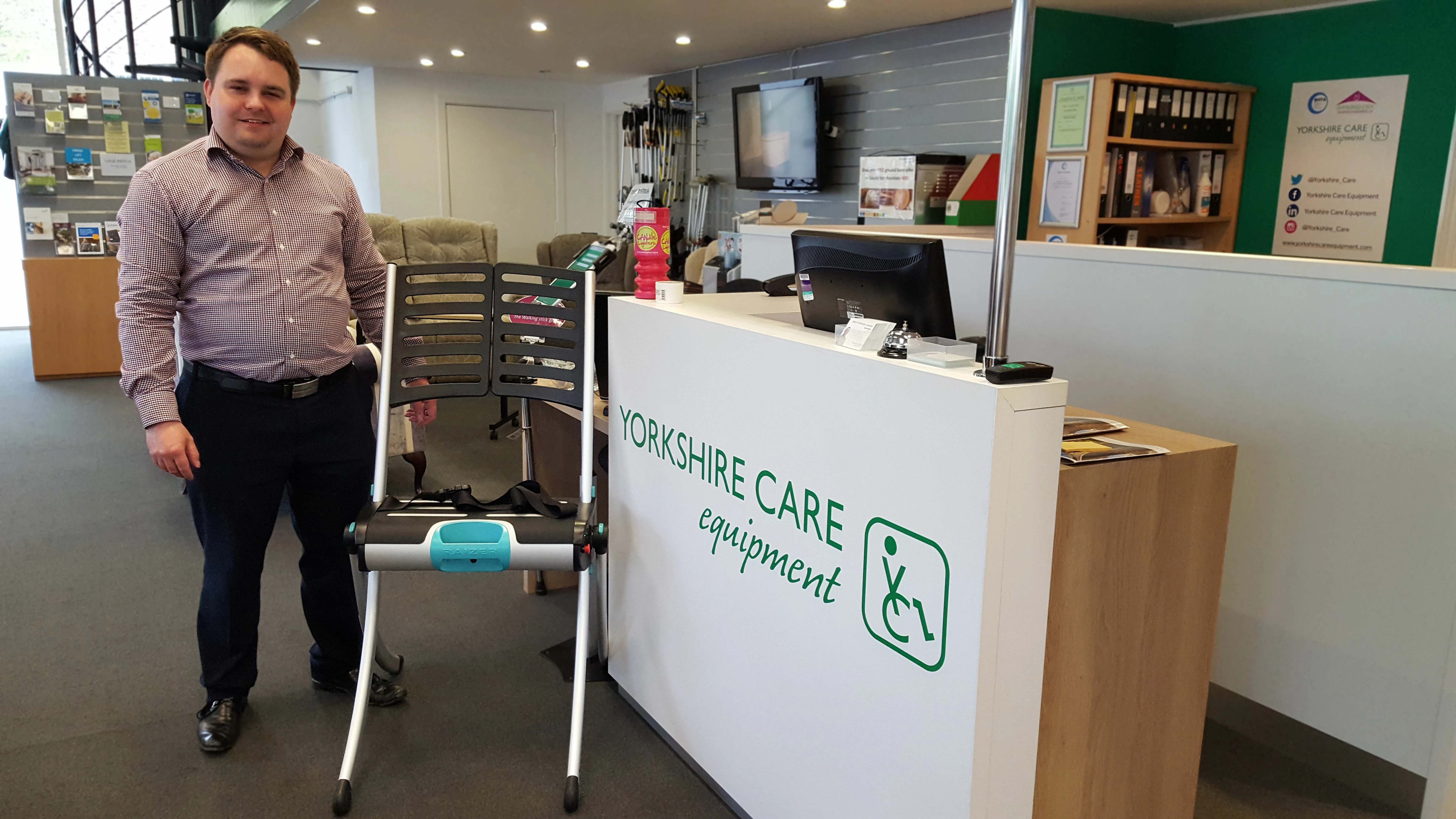 Yorkshire Care CEO Tom Hulbert with the Raizer emergency lifting chair