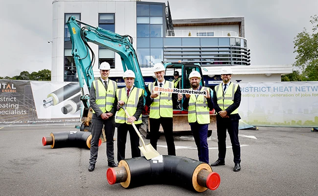 Left to right: Ryan Johnson (Director of Campus), Cllr Carl Edwards (Cabinet member for the Environment), Ashley Walsh (Operations Director (Infrastructure)) Alun Rogers, Vice Chair of the LEP, Peter Anderberg, CEO and Founder of Nordic Heat   