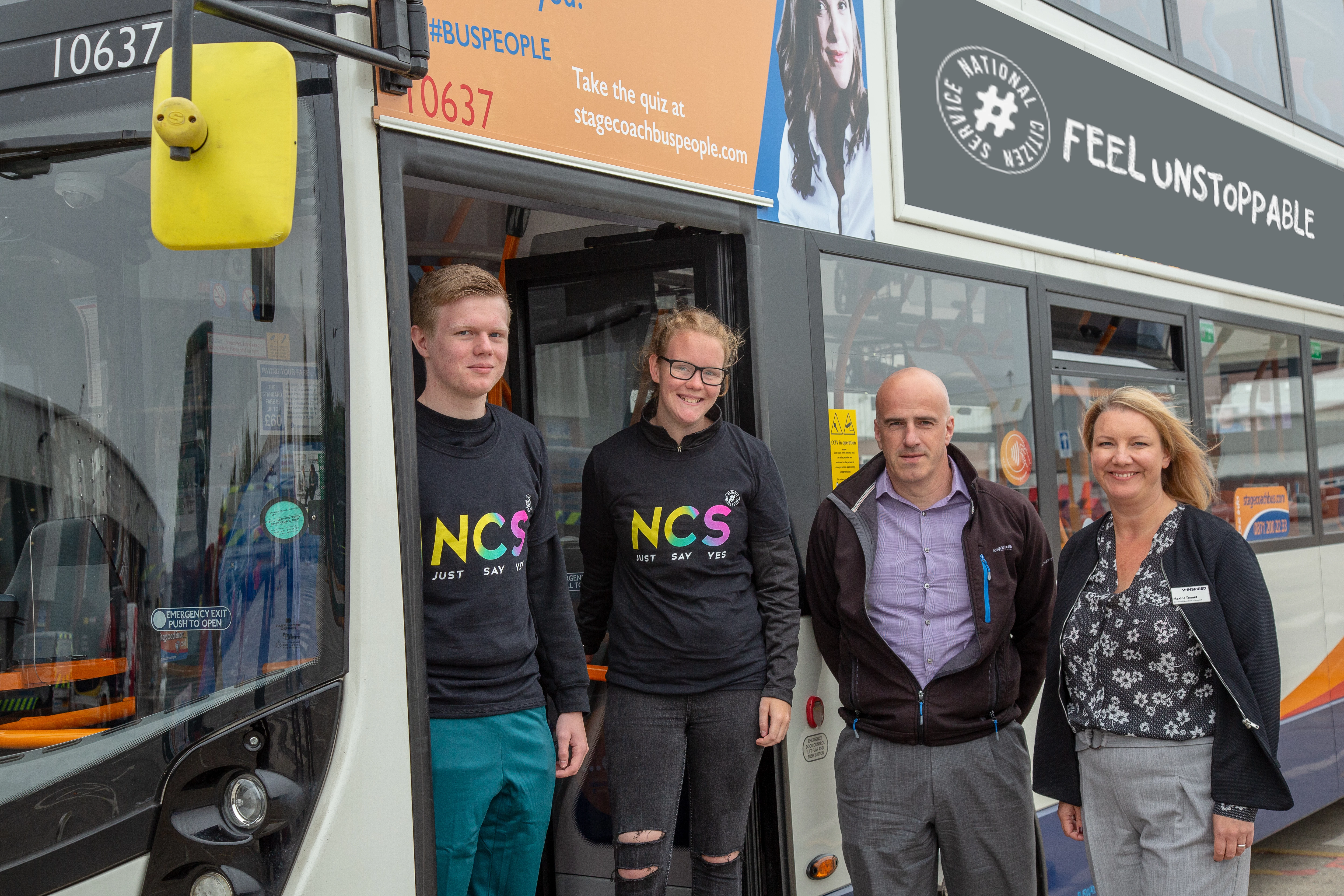 NCS graduates Simeon Sayer, 16, and Anya Wright, 16, with Steve Walker, Stagecoach North East and Maxine Tennet, vInspired.