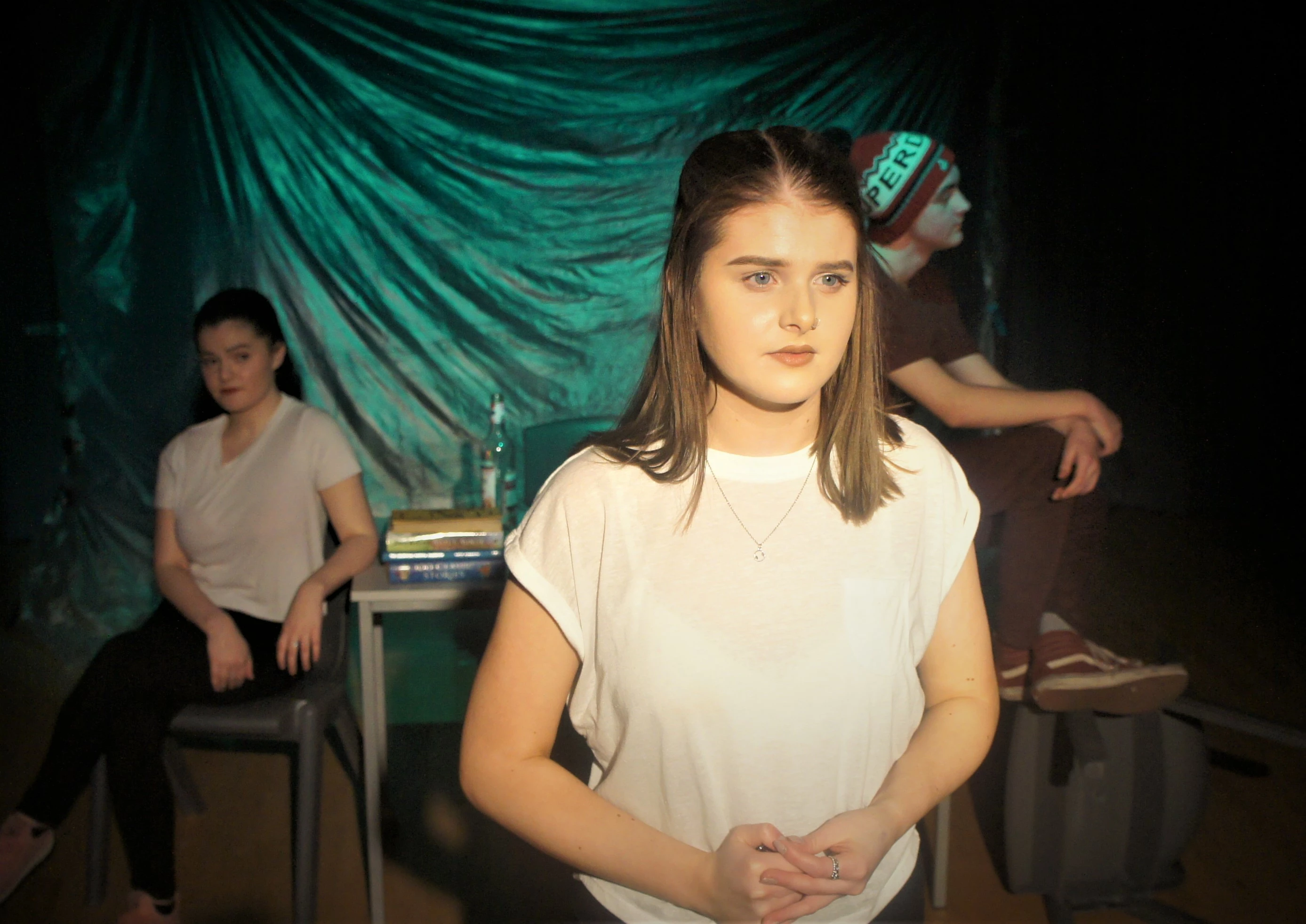 Newcastle Sixth Form College – Drama Performance Examination – March 2019 – Students performing scene from Fewer Emergencies by Martin Crimp  L-R  - Megan Heslop, Katie Stubbs, Ruairi Reed