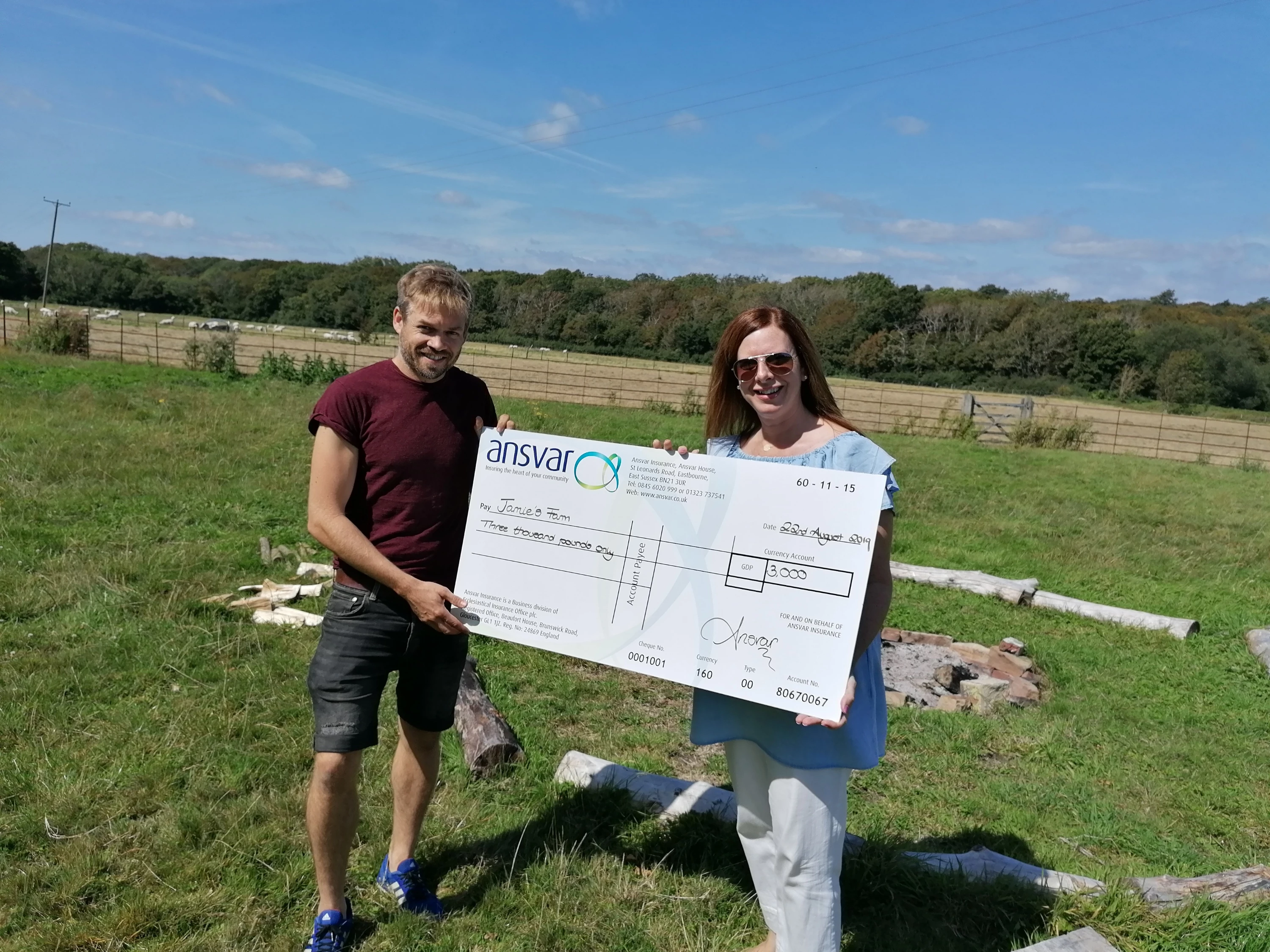 Jamie’s Farm: Jane Perkins, Marketing Manager, Ansvar presented the cheque to Toby Meanwell, Education Manager.