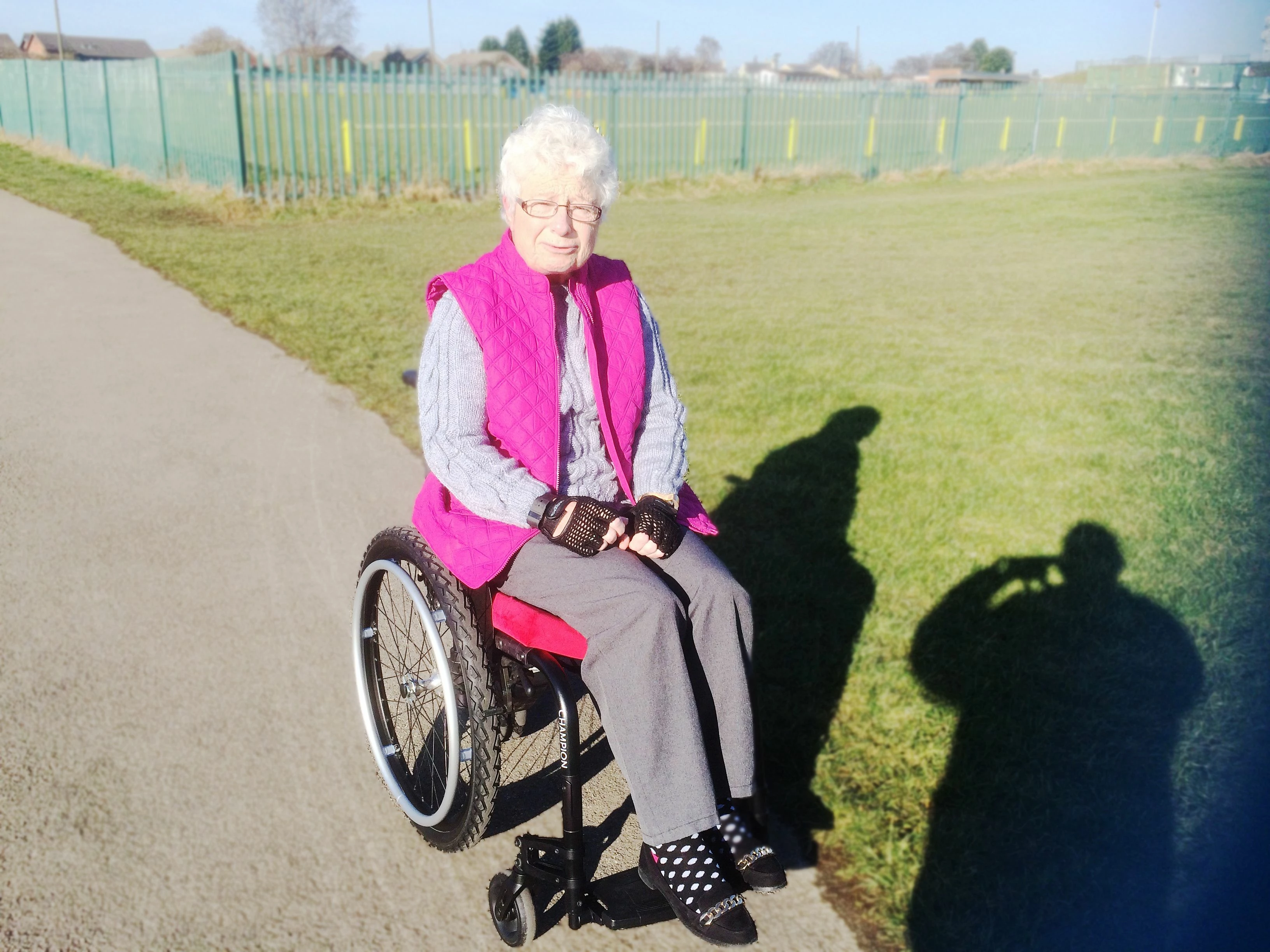 Carole in her new wheelchair.