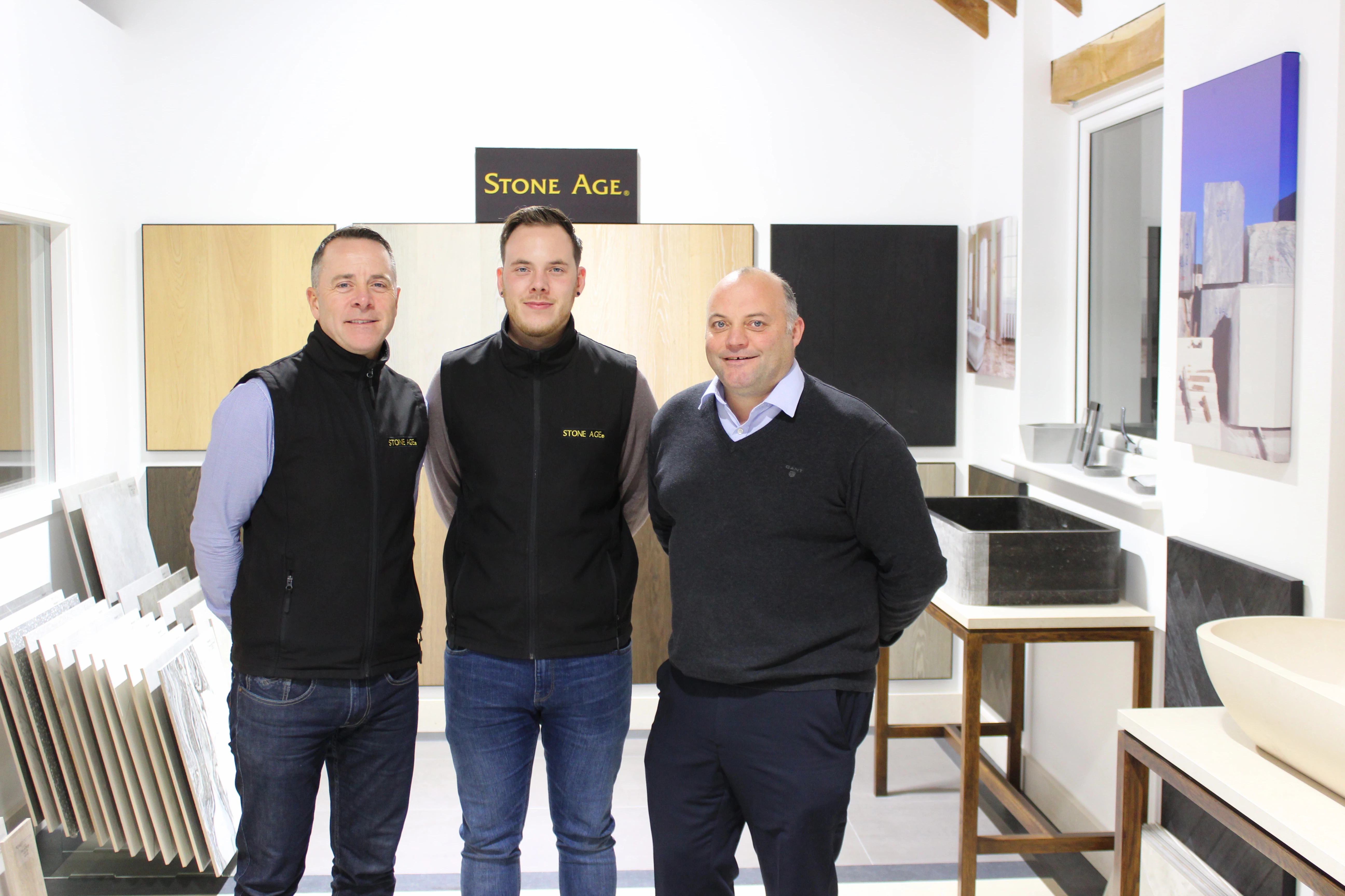 Gary Walters, CEO, Lewis Walters, Showroom Manager and James Diver, Director in the new Stone Age Boxted Farm Showroom in Hemel Hempstead.  